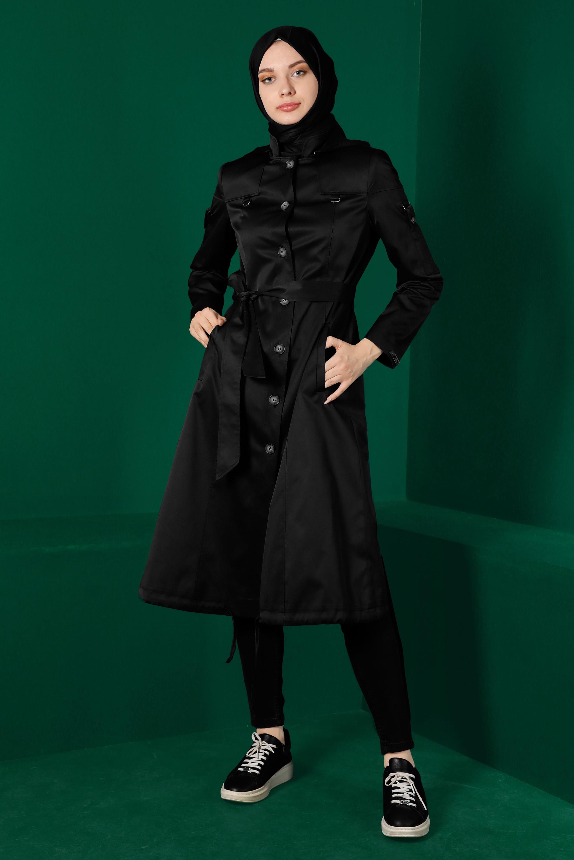 Tesettür giyim SİYAH DÜĞMELİ KUŞAKLI TRENÇKOT 10670