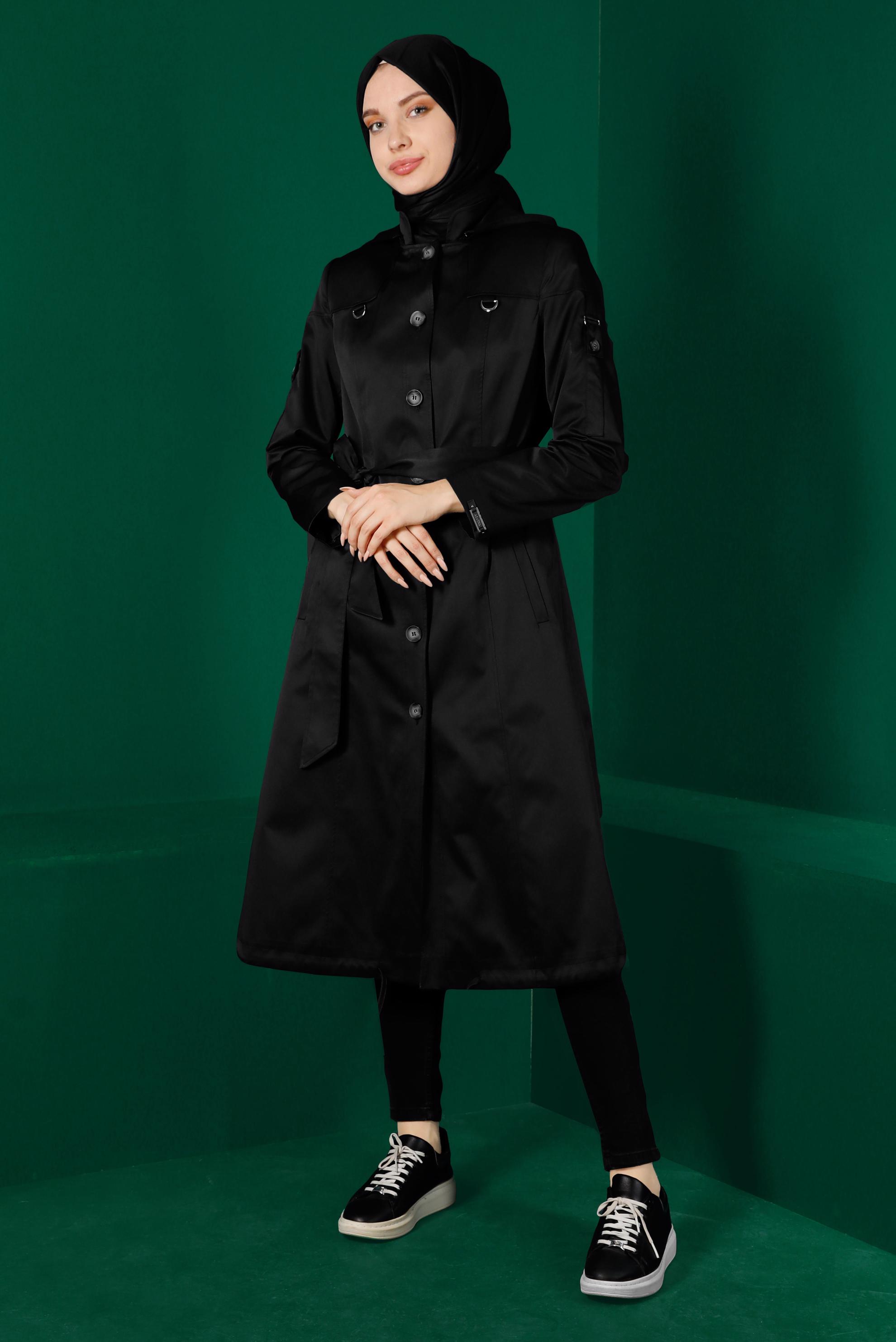 Tesettür giyim SİYAH DÜĞMELİ KUŞAKLI TRENÇKOT 10670