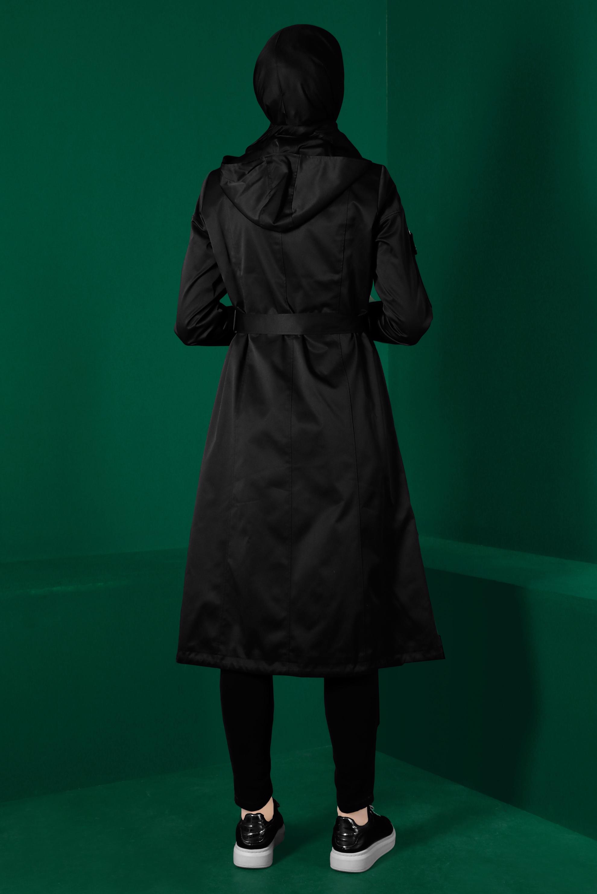 Tesettür giyim SİYAH DÜĞMELİ KUŞAKLI TRENÇKOT 10670