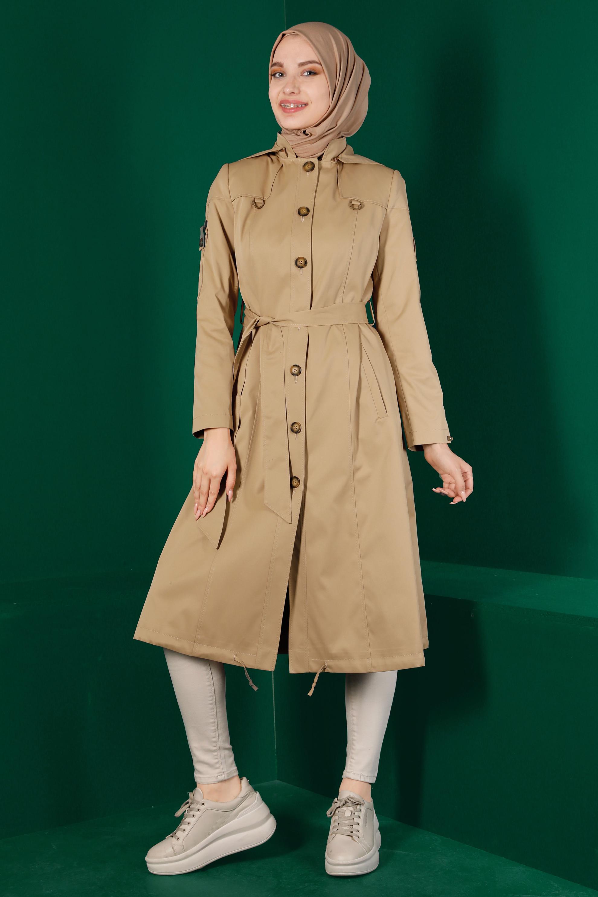 Tesettür giyim KAHVE DÜĞMELİ KUŞAKLI TRENÇKOT 10670