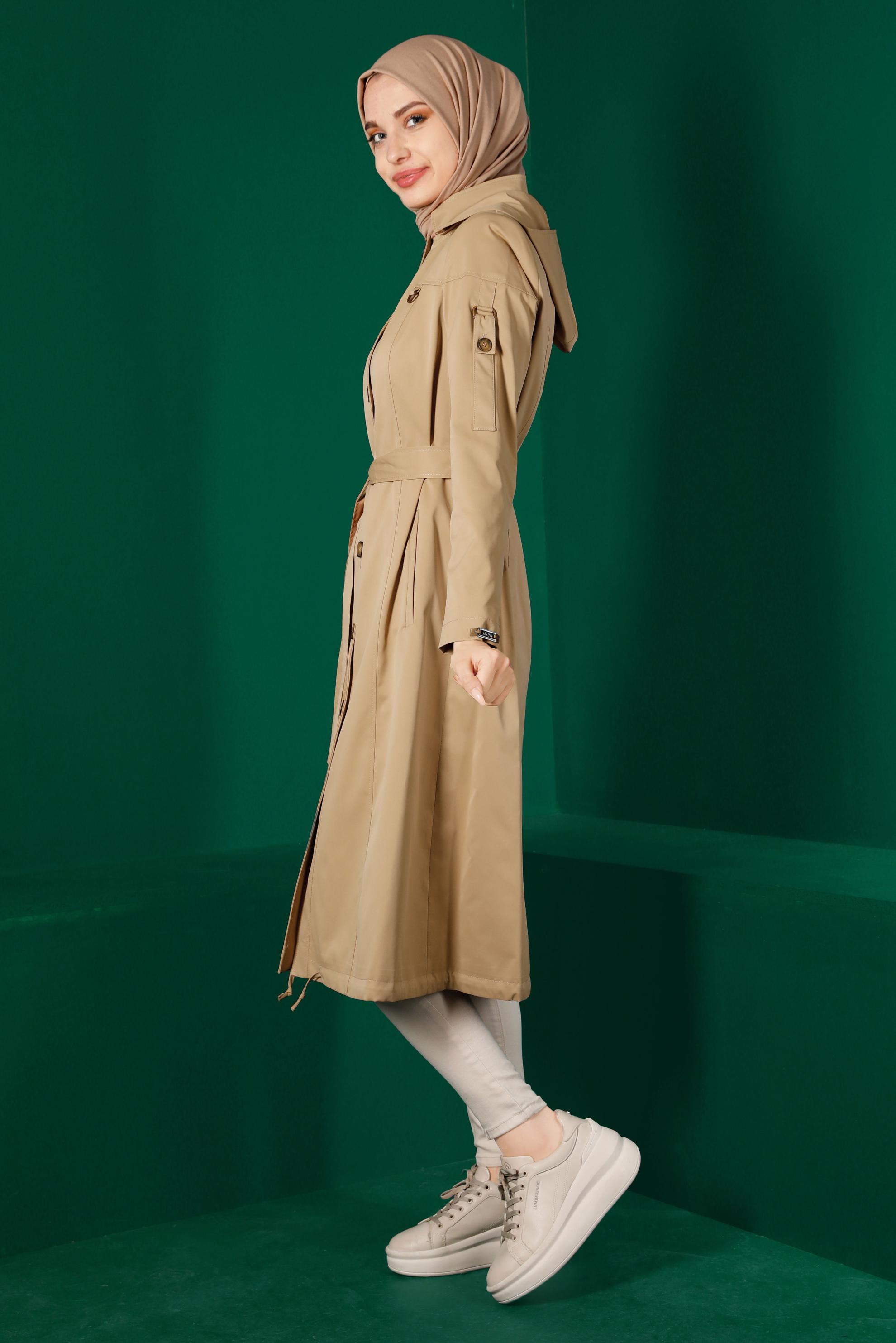 Tesettür giyim KAHVE DÜĞMELİ KUŞAKLI TRENÇKOT 10670