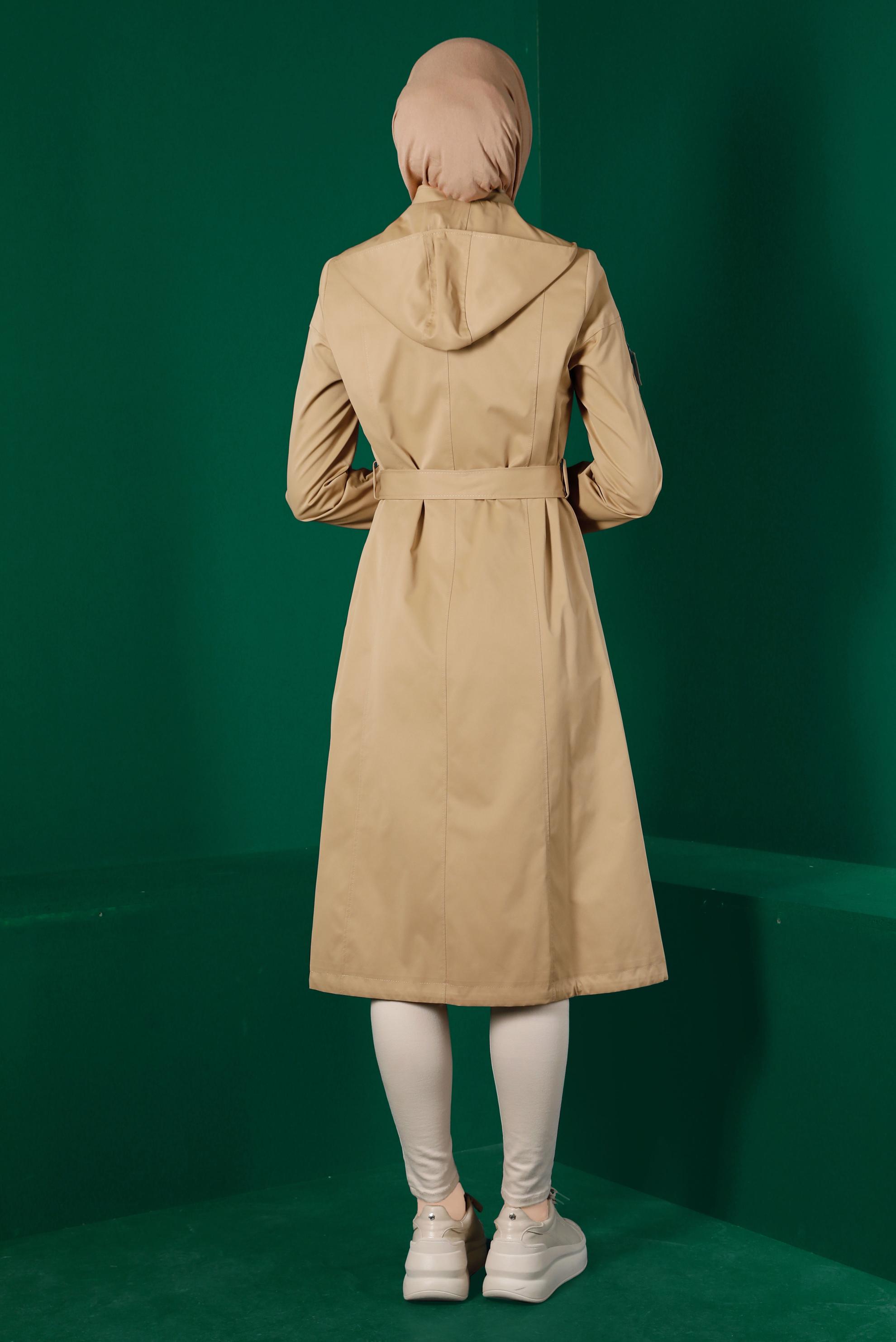 Tesettür giyim KAHVE DÜĞMELİ KUŞAKLI TRENÇKOT 10670