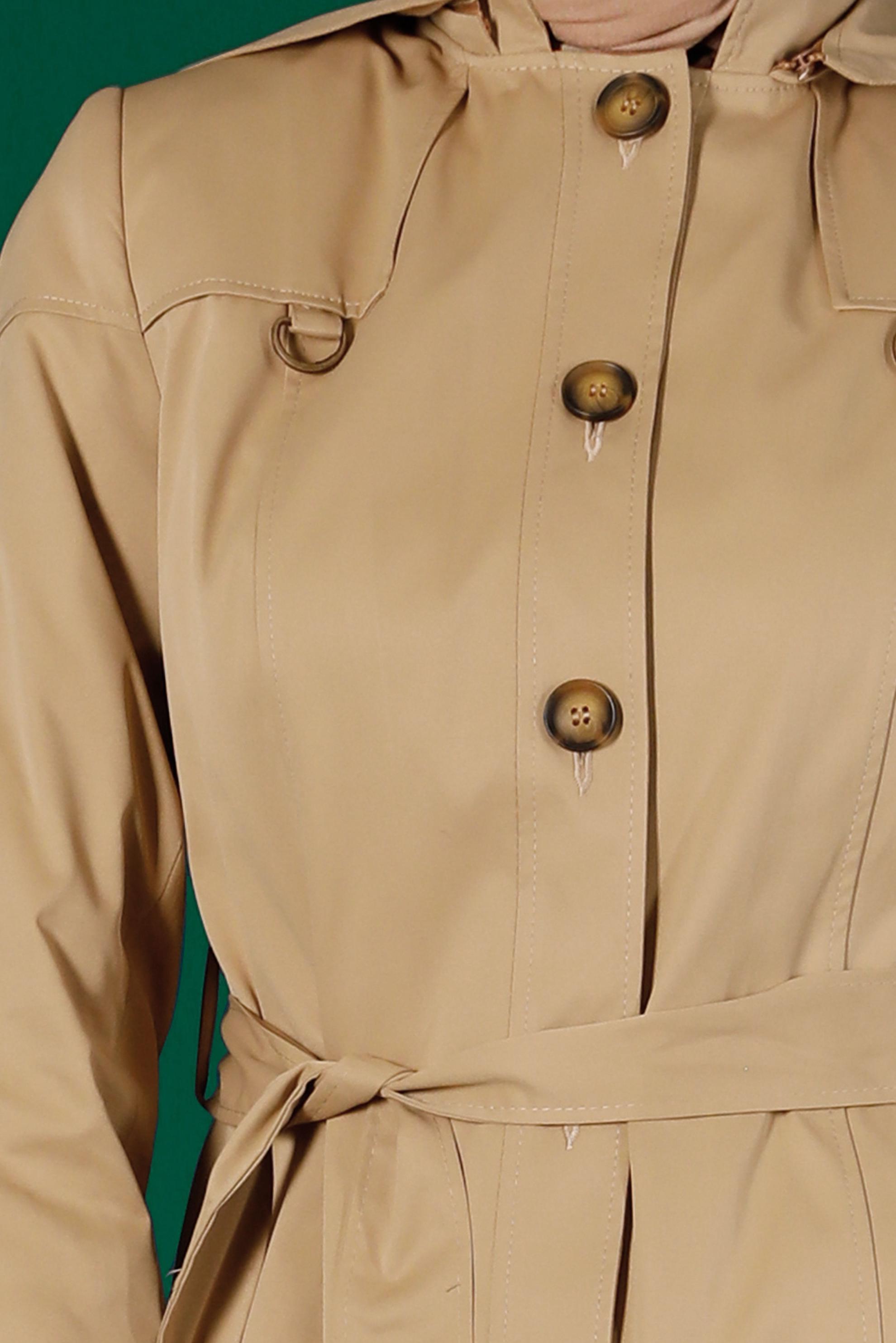 Tesettür giyim KAHVE DÜĞMELİ KUŞAKLI TRENÇKOT 10670