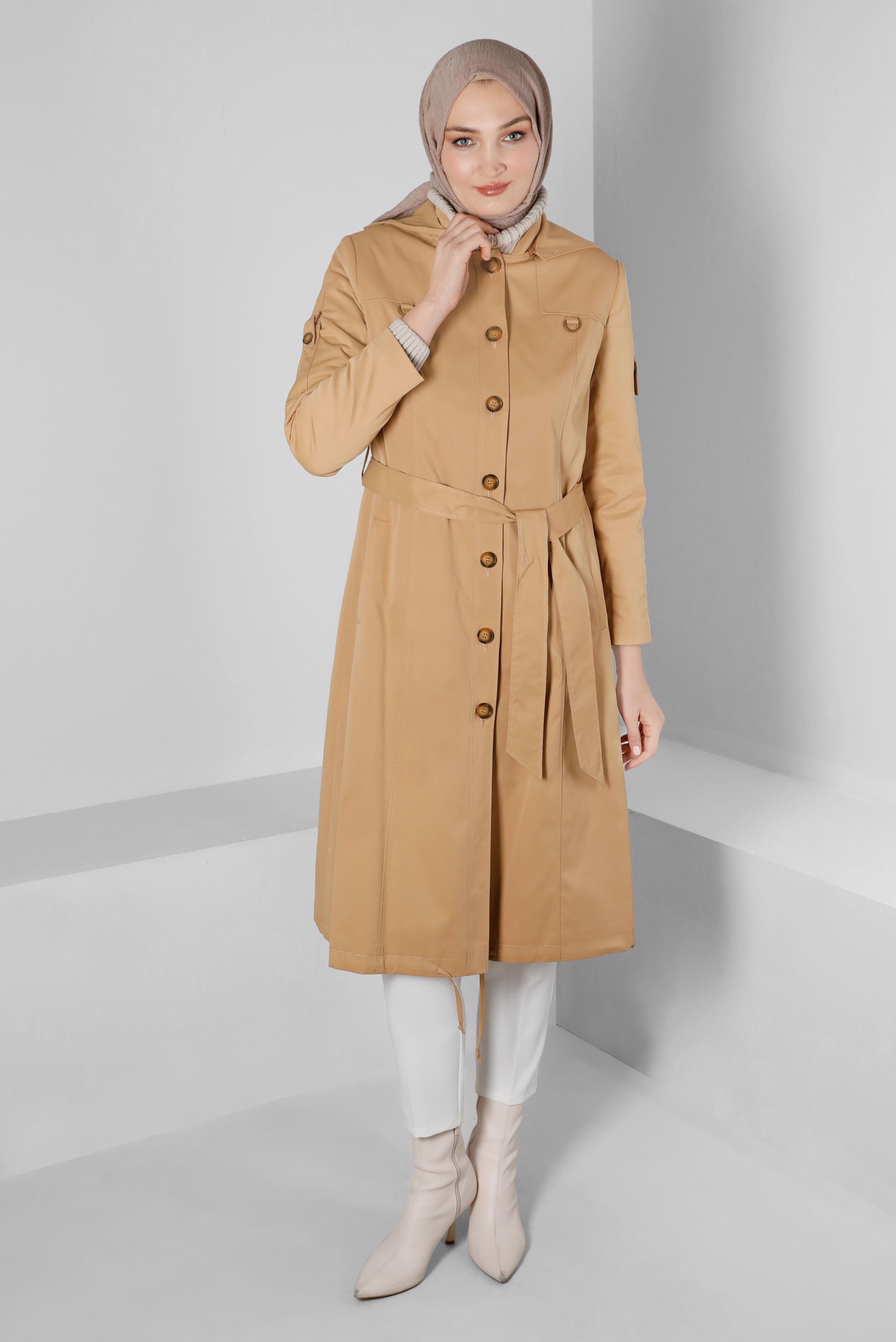 Tesettür giyim TABA DÜĞMELİ KUŞAKLI TRENÇKOT 10670