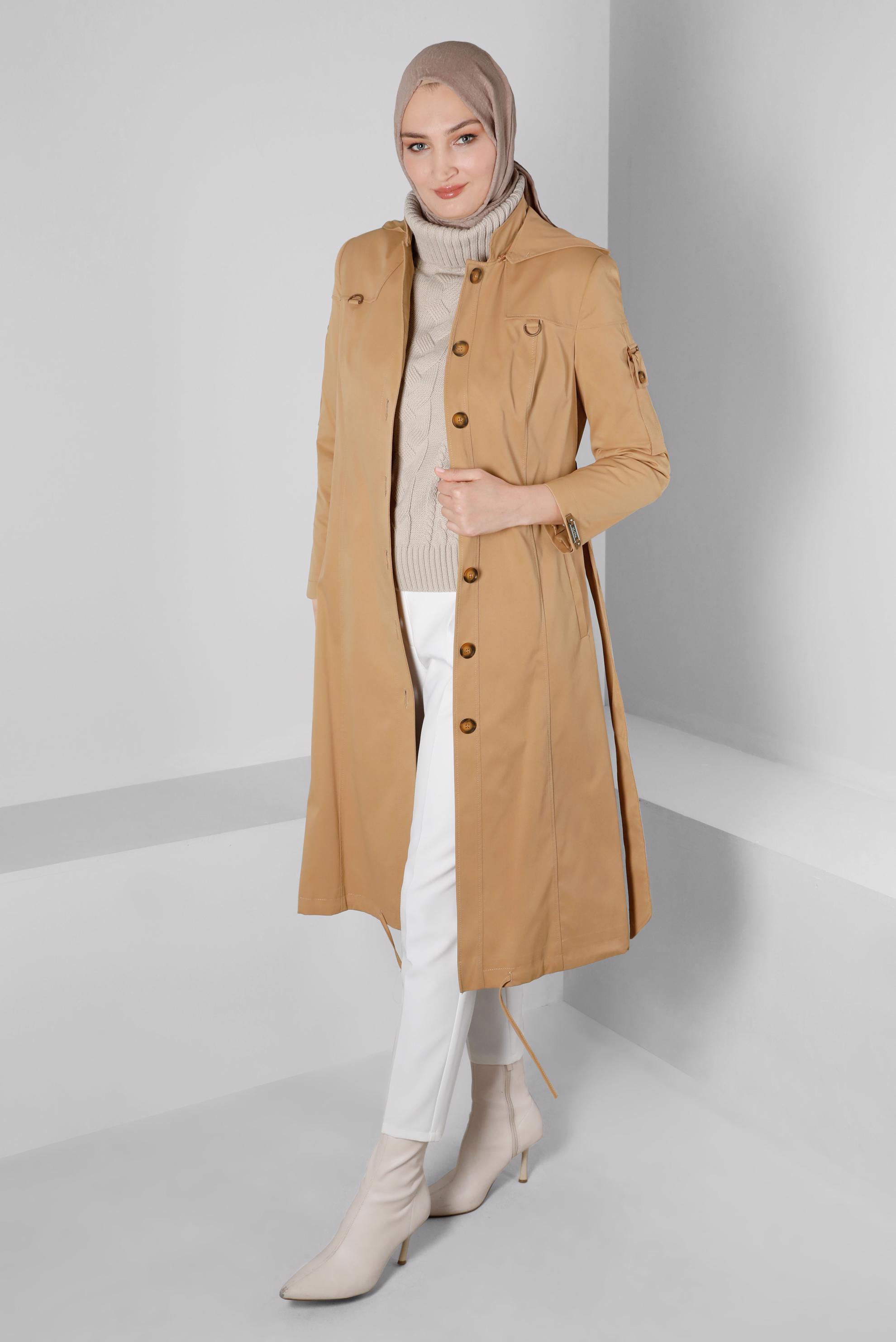 Tesettür giyim TABA DÜĞMELİ KUŞAKLI TRENÇKOT 10670