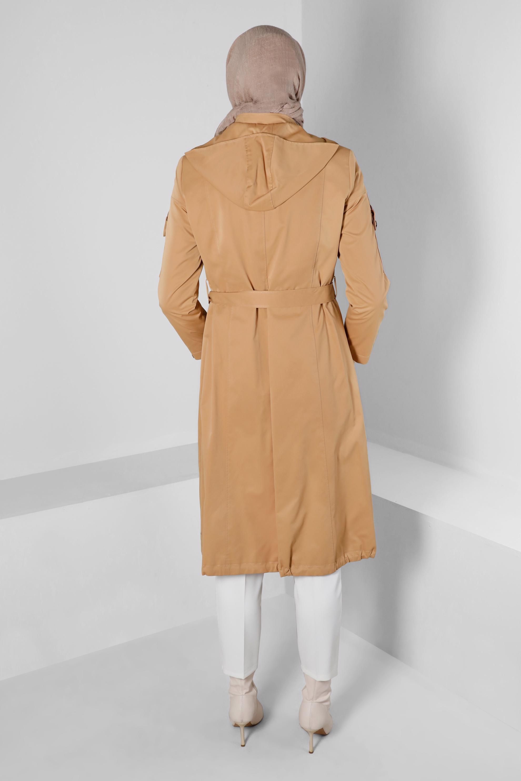 Tesettür giyim TABA DÜĞMELİ KUŞAKLI TRENÇKOT 10670