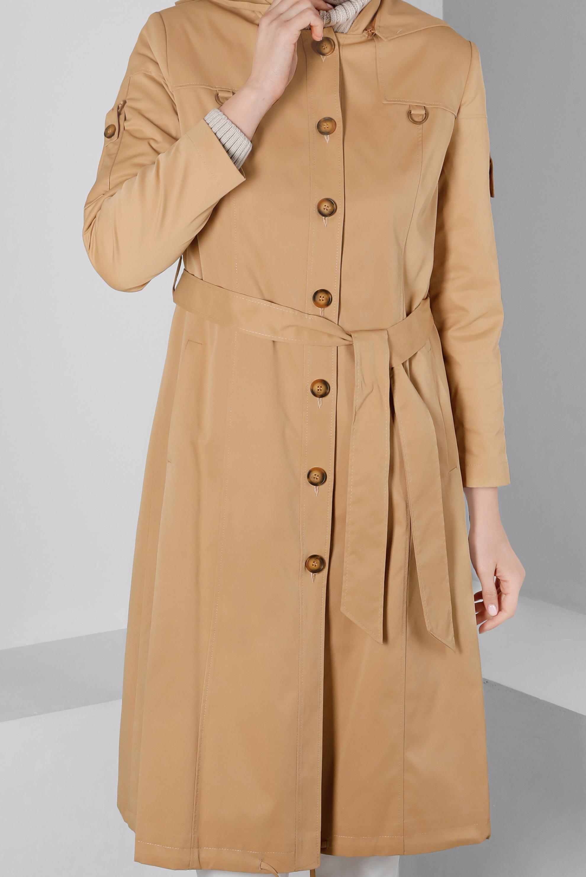 Tesettür giyim TABA DÜĞMELİ KUŞAKLI TRENÇKOT 10670