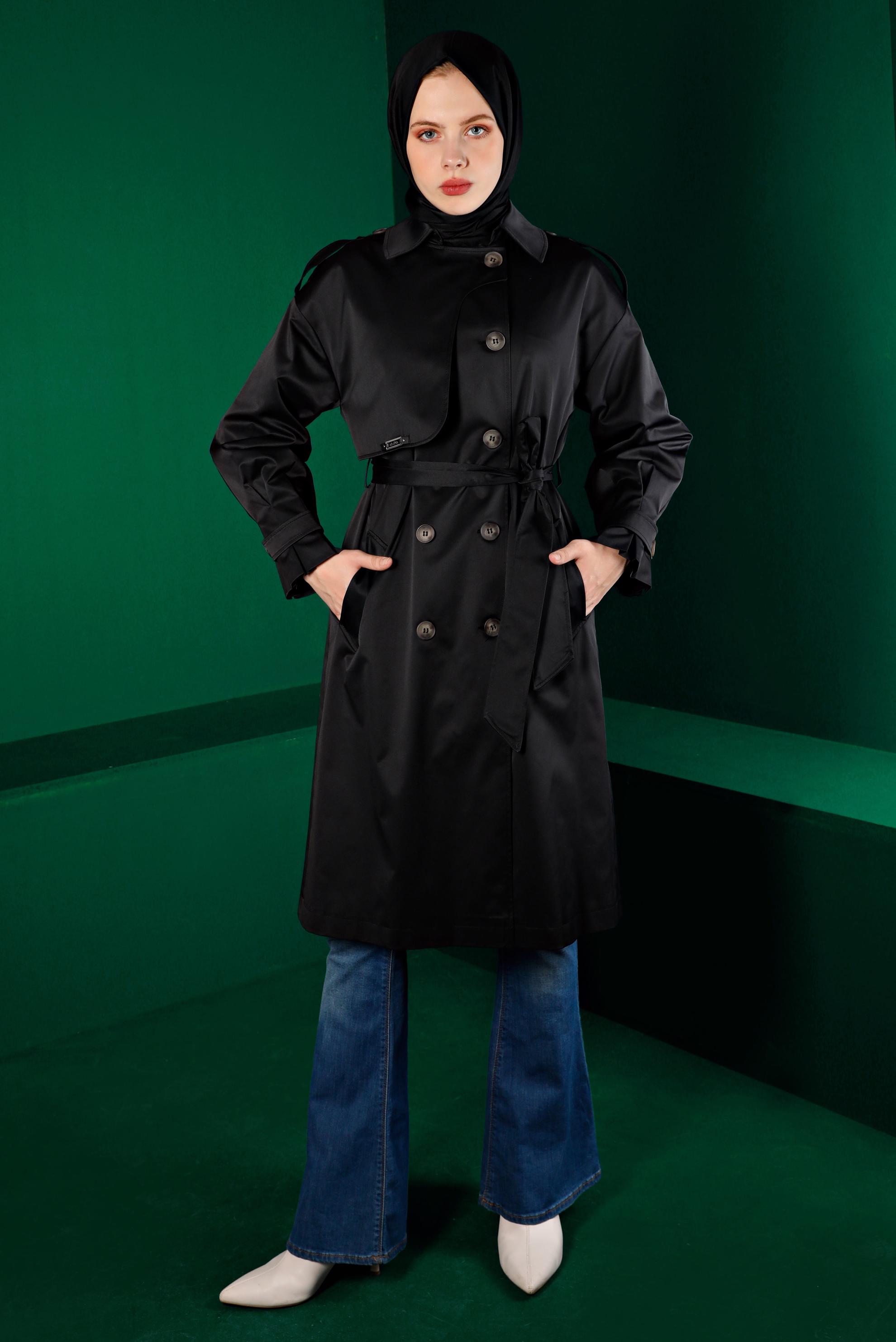 Tesettür giyim SİYAH RÜZGARLIK DETAYLI KUŞAKLI TRENÇKOT 10671 