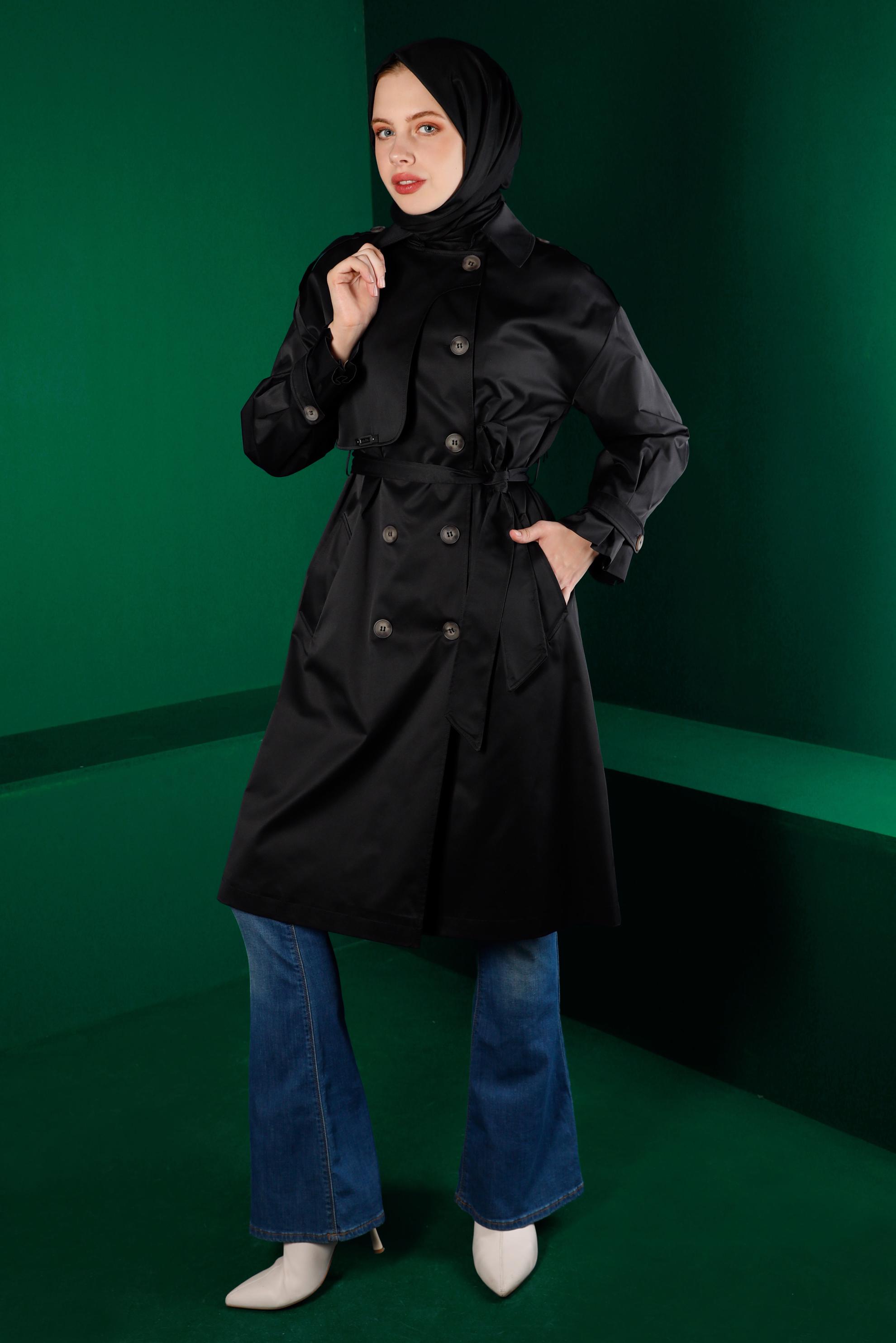 Tesettür giyim SİYAH RÜZGARLIK DETAYLI KUŞAKLI TRENÇKOT 10671 
