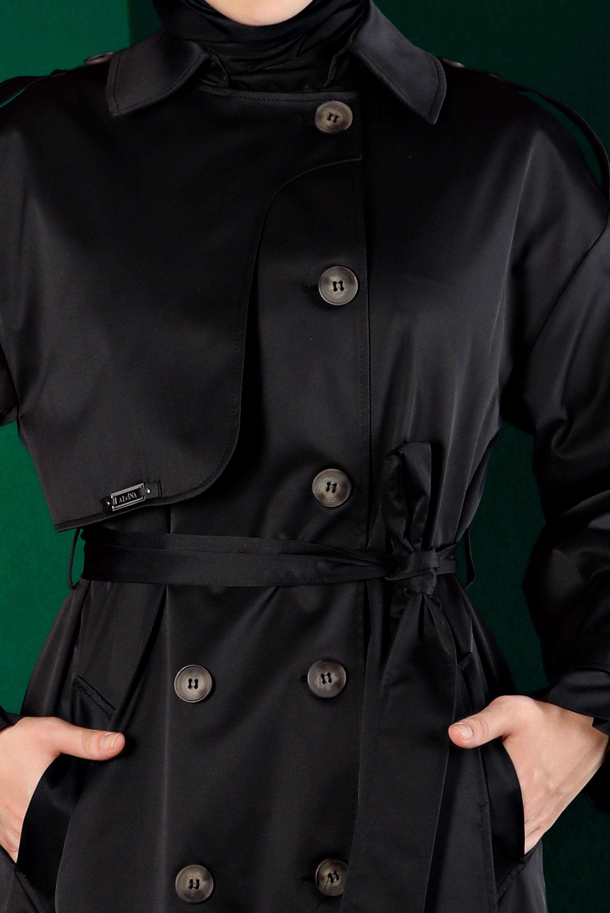 Tesettür giyim SİYAH RÜZGARLIK DETAYLI KUŞAKLI TRENÇKOT 10671 