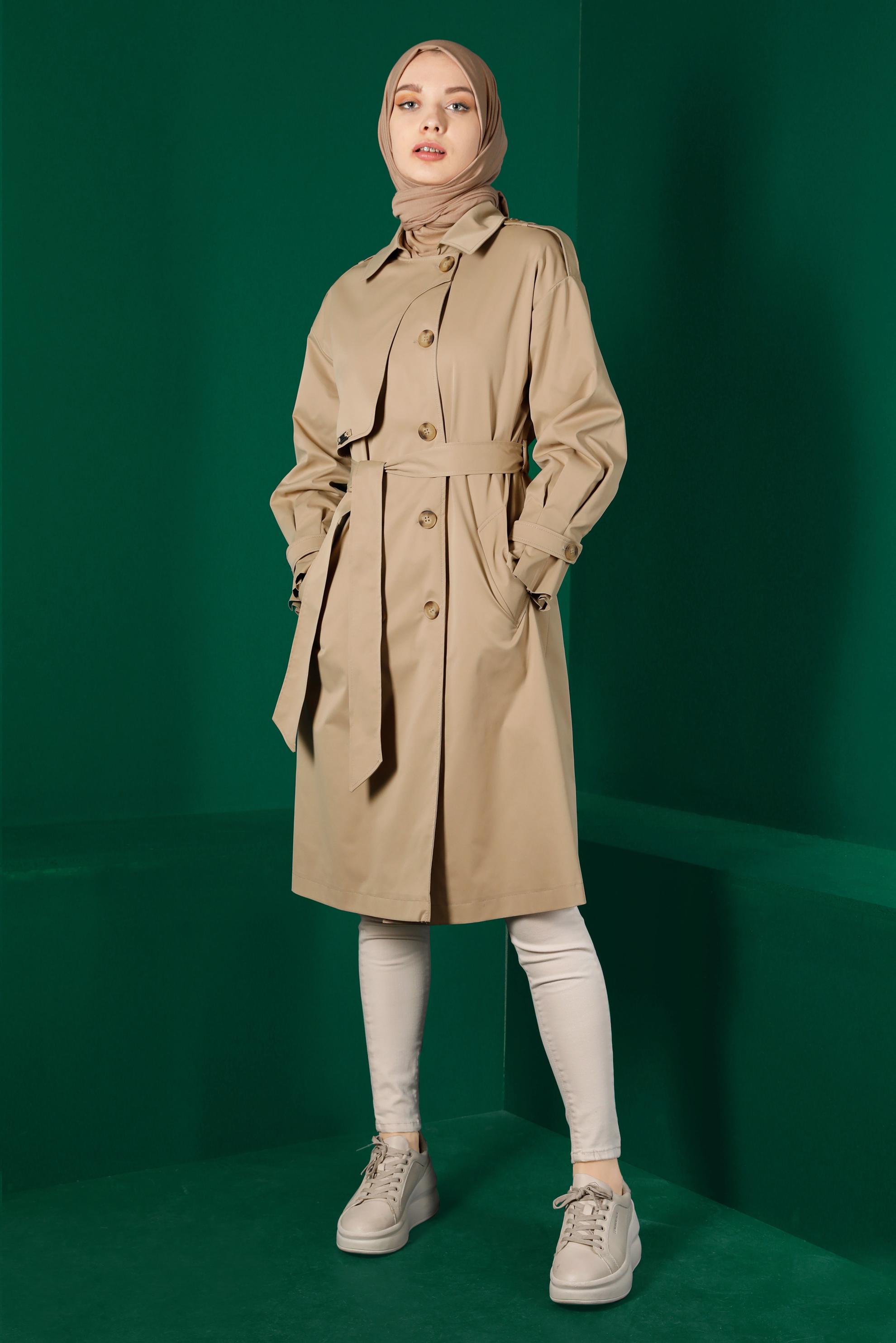 Tesettür giyim KAHVE RÜZGARLIK DETAYLI KUŞAKLI TRENÇKOT 10671 