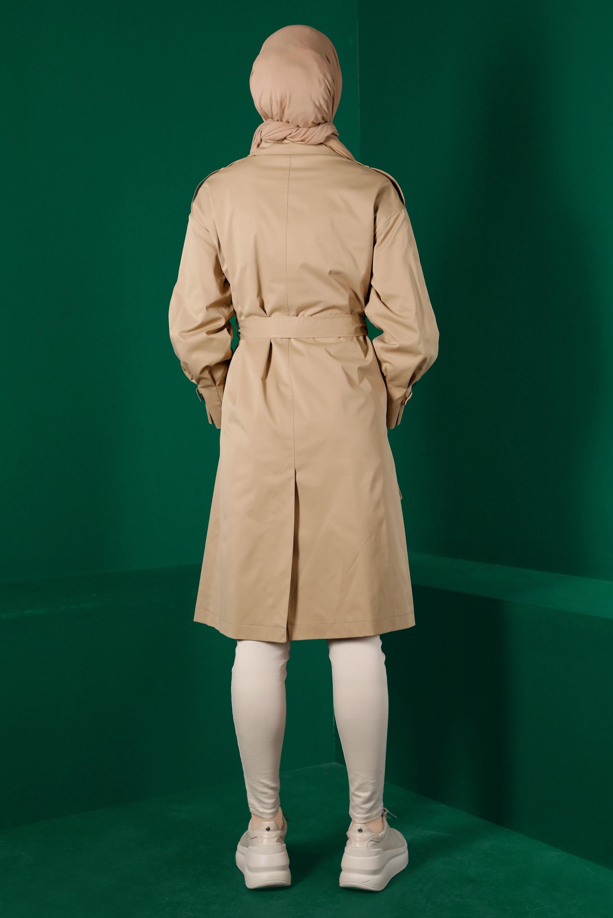 Tesettür giyim KAHVE RÜZGARLIK DETAYLI KUŞAKLI TRENÇKOT 10671 