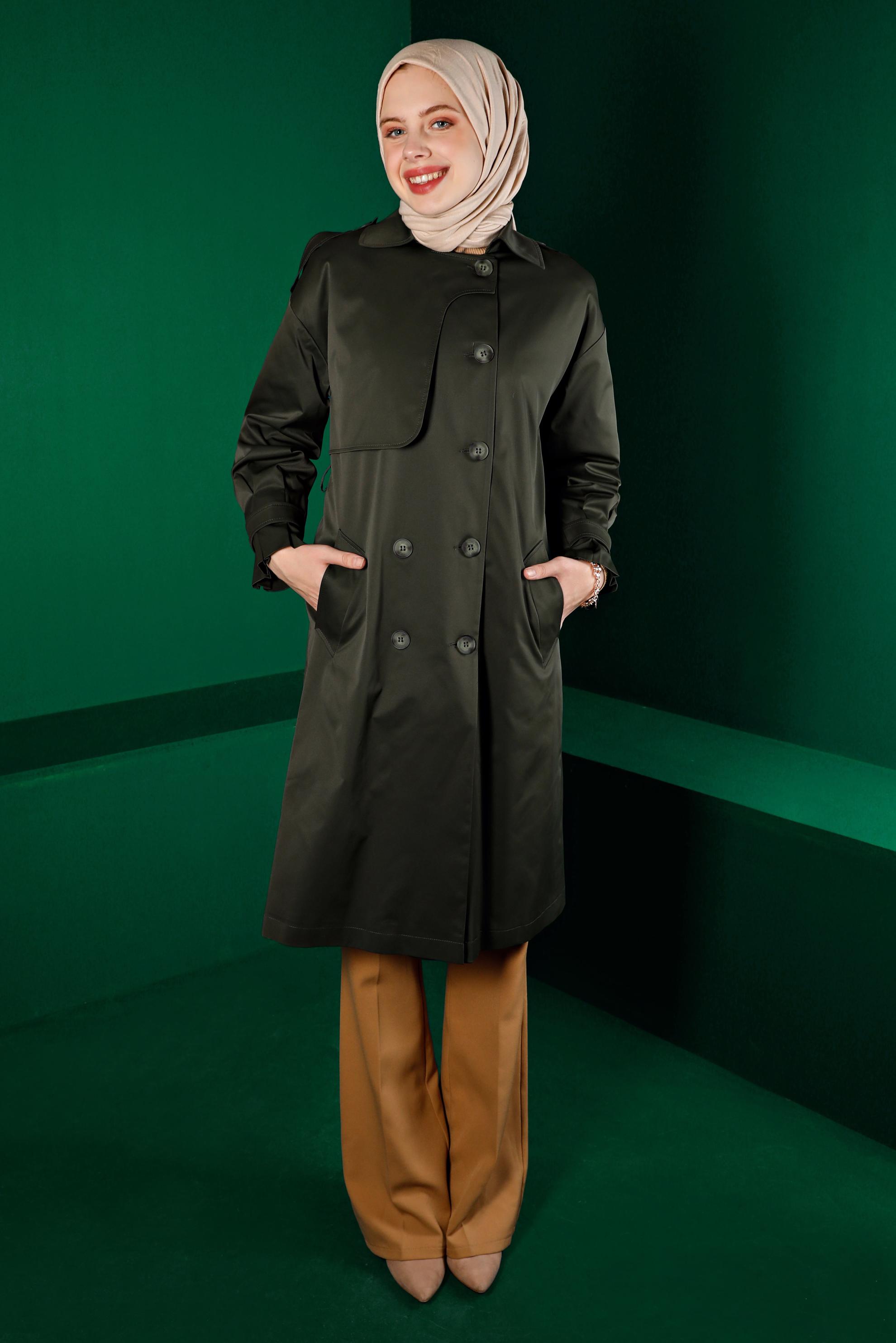 Tesettür giyim HAKİ RÜZGARLIK DETAYLI KUŞAKLI TRENÇKOT 10671 