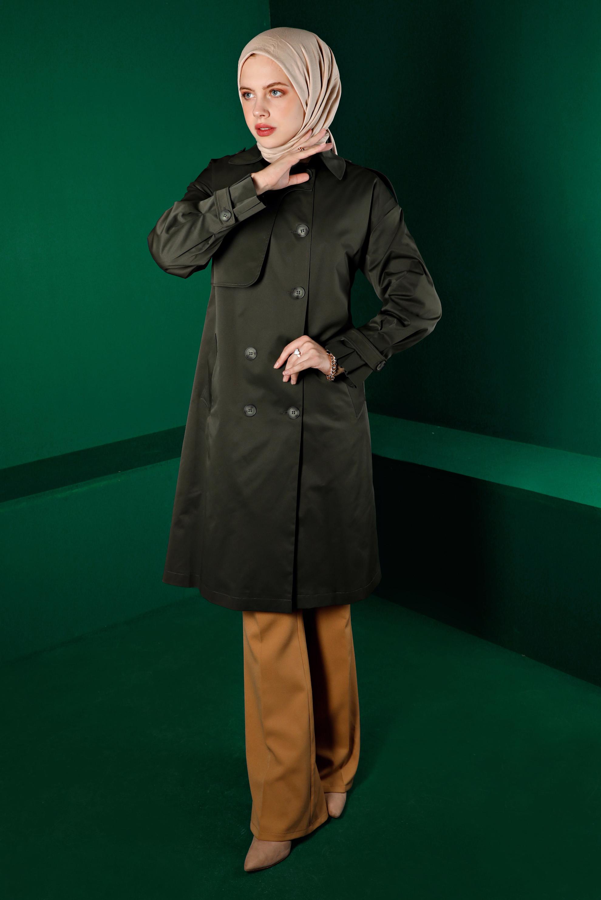 Tesettür giyim HAKİ RÜZGARLIK DETAYLI KUŞAKLI TRENÇKOT 10671 