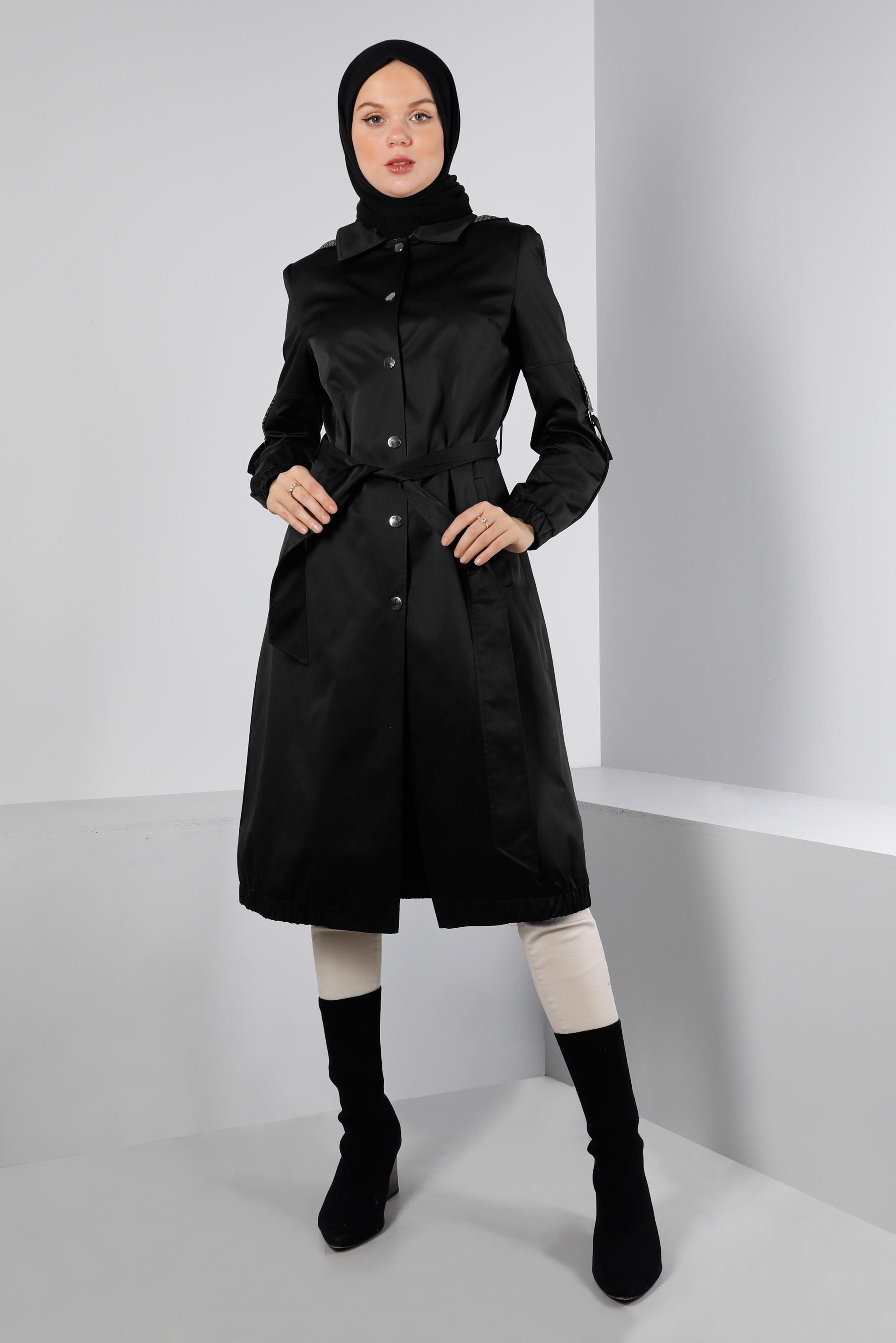 Hijab clothing BLACK HOODED BELTED TRENCH COAT 10672 