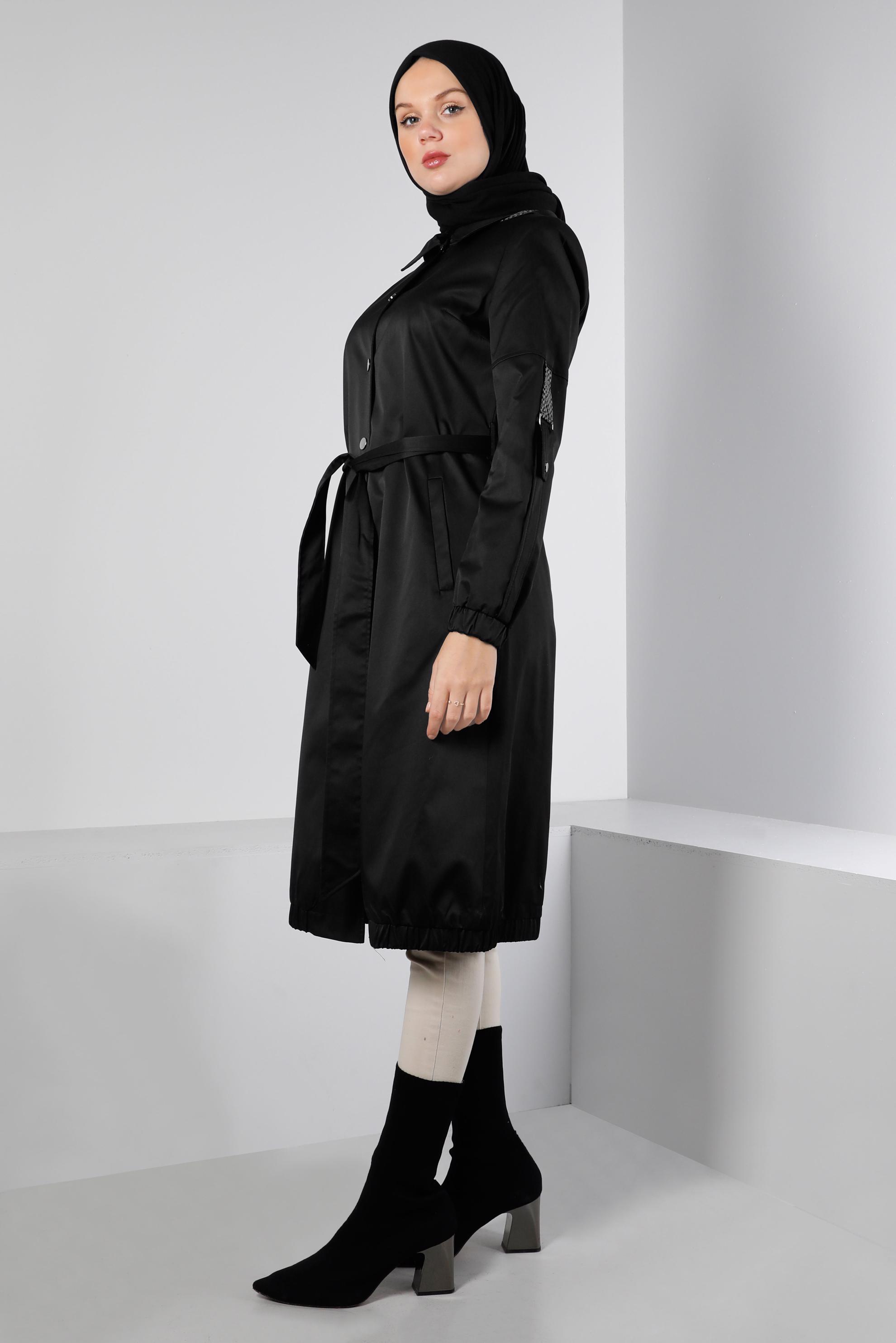 Hijab clothing BLACK HOODED BELTED TRENCH COAT 10672 