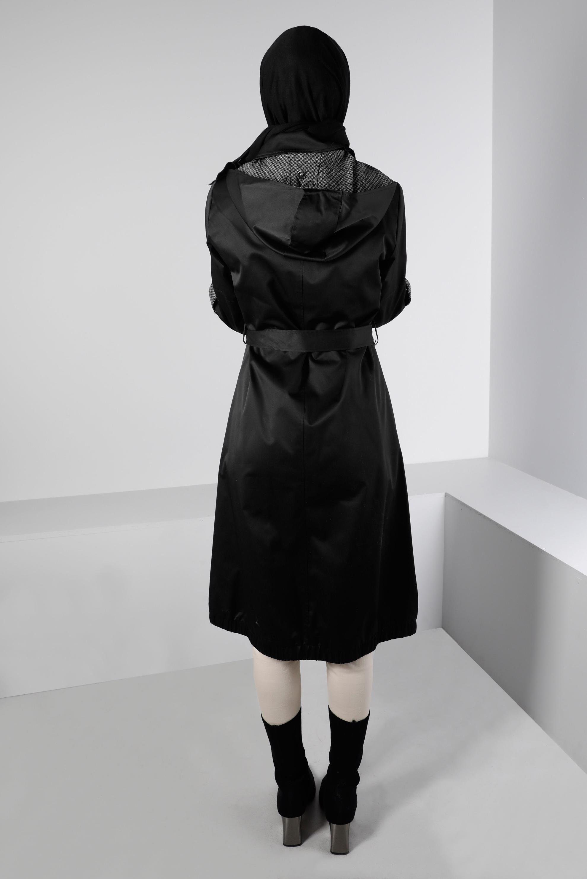 Hijab clothing BLACK HOODED BELTED TRENCH COAT 10672 