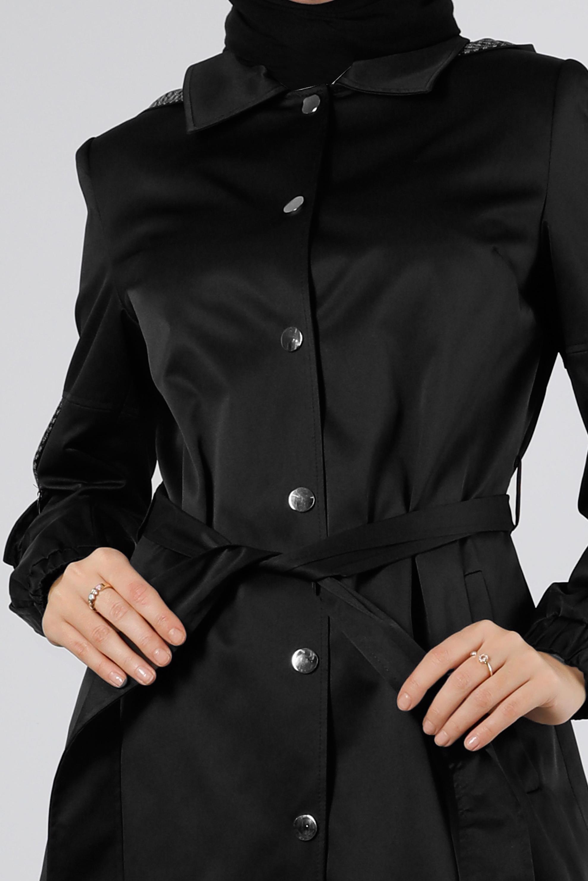 Hijab clothing BLACK HOODED BELTED TRENCH COAT 10672 