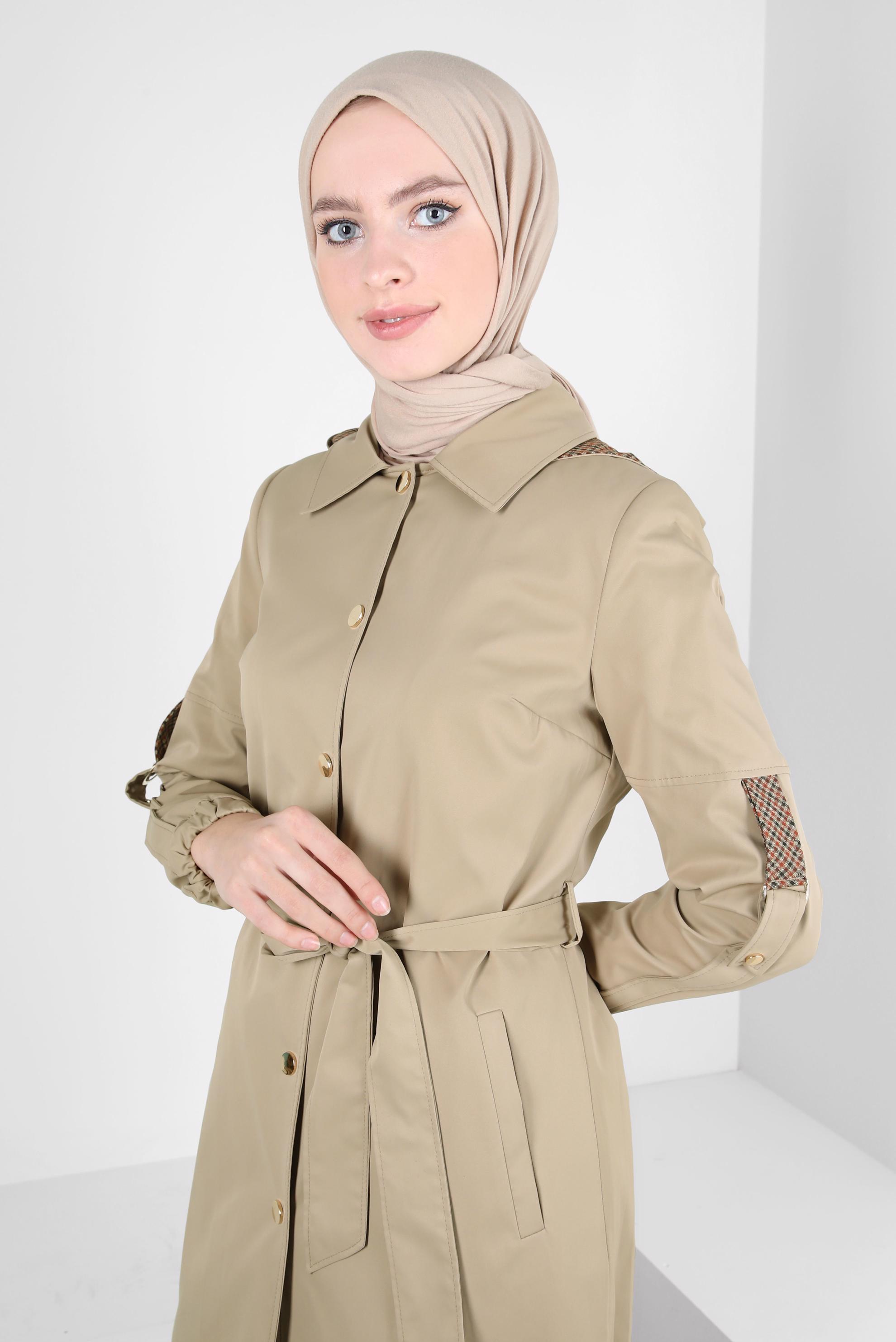 Tesettür giyim KAHVE KAPÜŞONLU KUŞAKLI TRENÇKOT 10672 