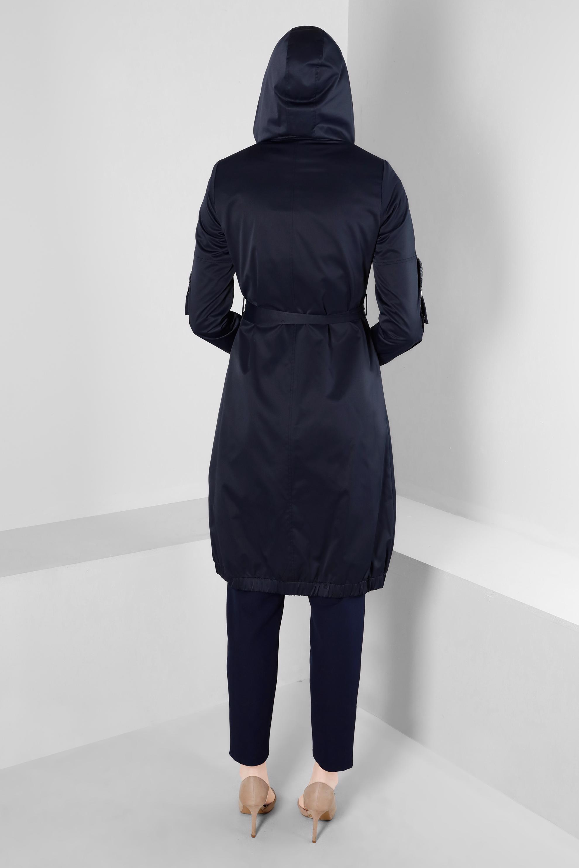 Tesettür giyim LACİVERT KAPÜŞONLU KUŞAKLI TRENÇKOT 10672 