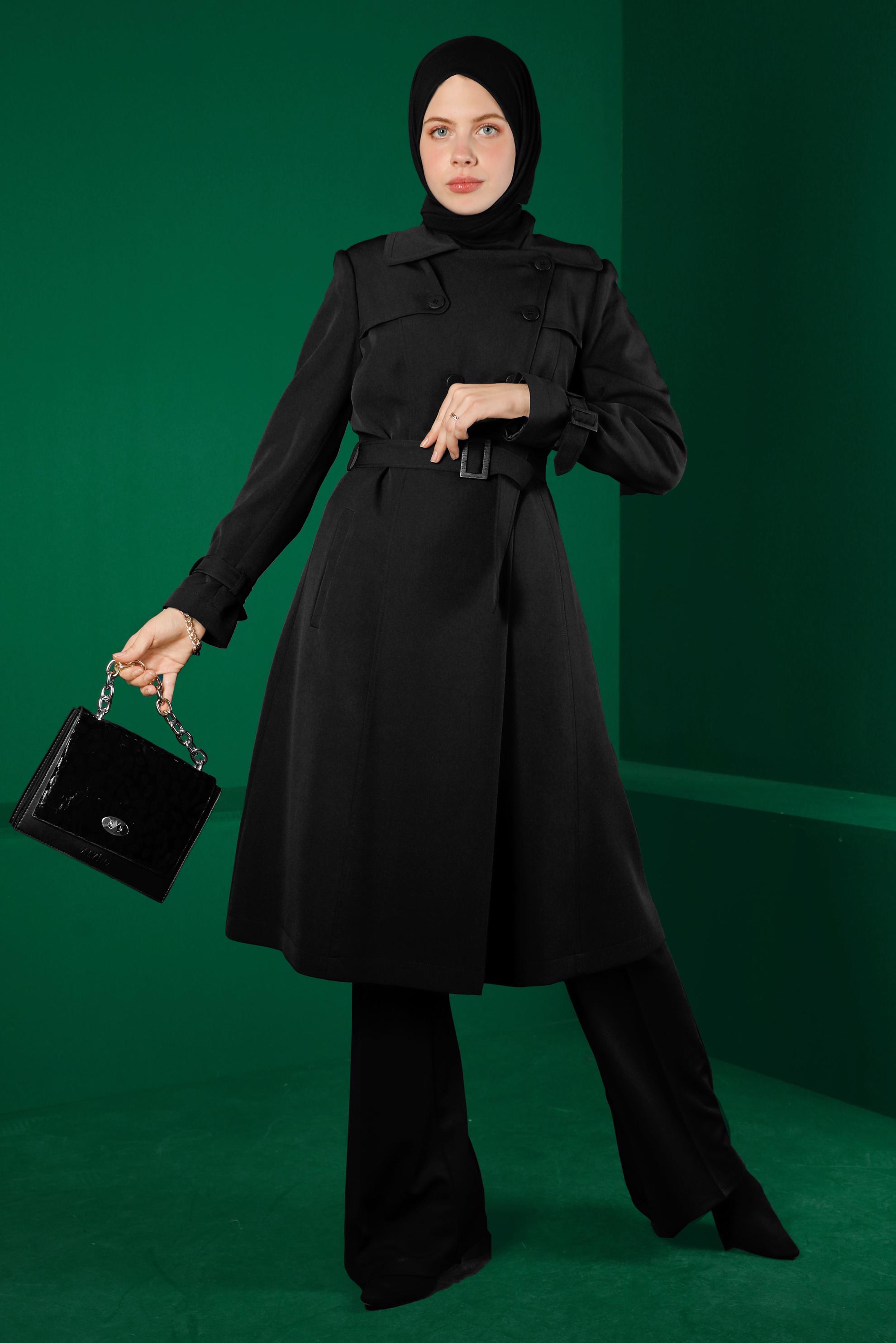 Tesettür giyim SİYAH YANLARI DÜĞME DETAYLI KEMERLİ TRENÇKOT 10674 