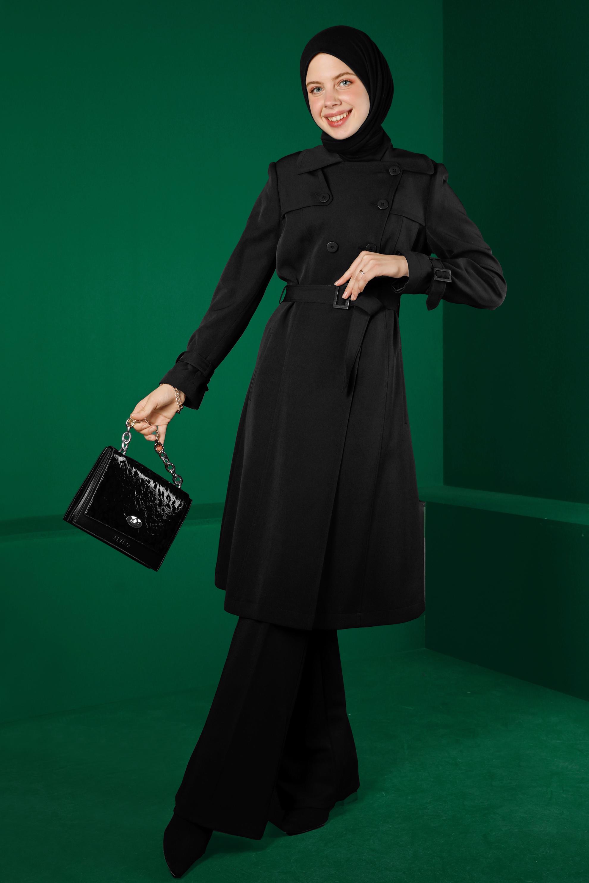 Tesettür giyim SİYAH YANLARI DÜĞME DETAYLI KEMERLİ TRENÇKOT 10674 