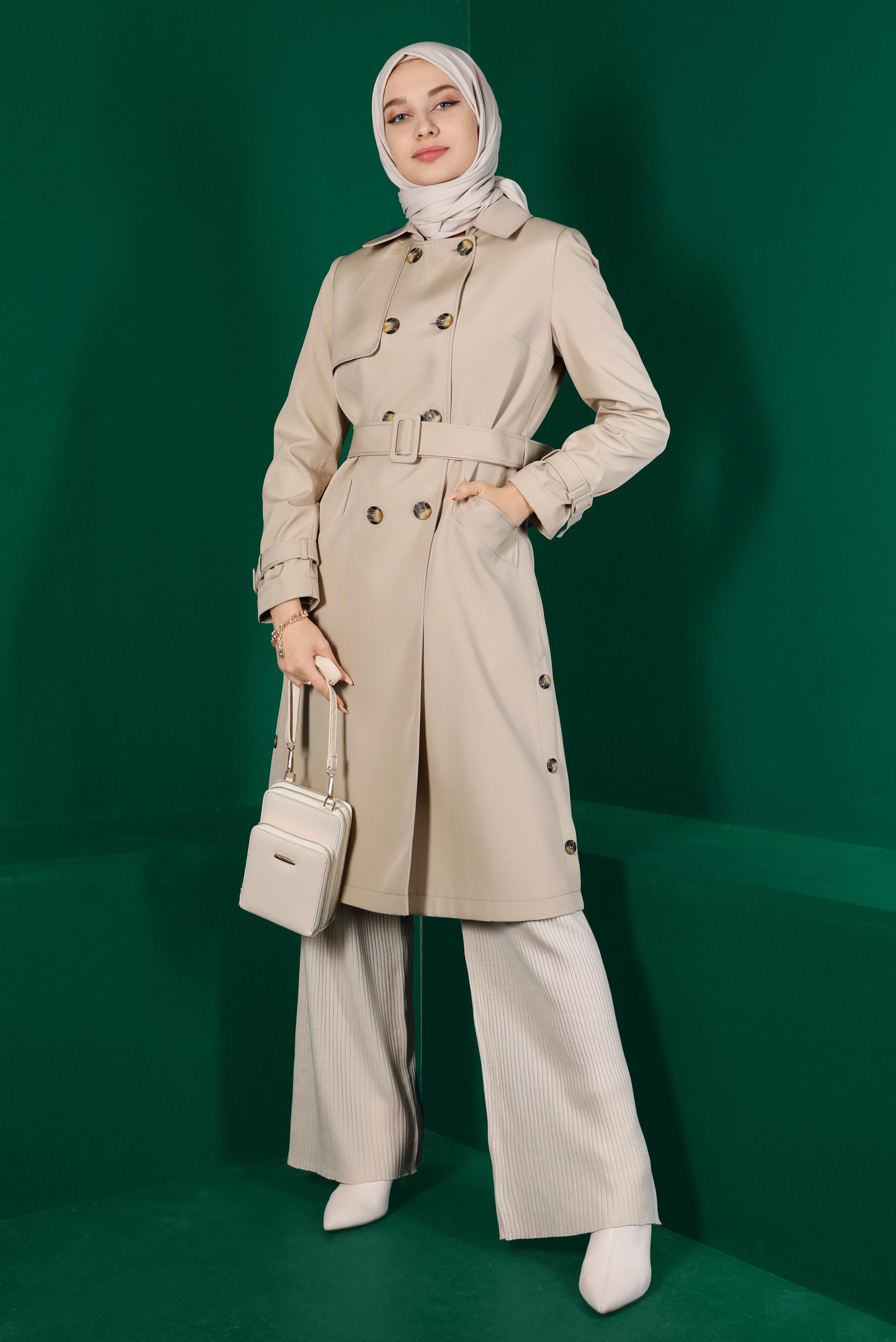 YANLARI DÜĞME DETAYLI KEMERLİ TRENÇKOT | ALVİNA