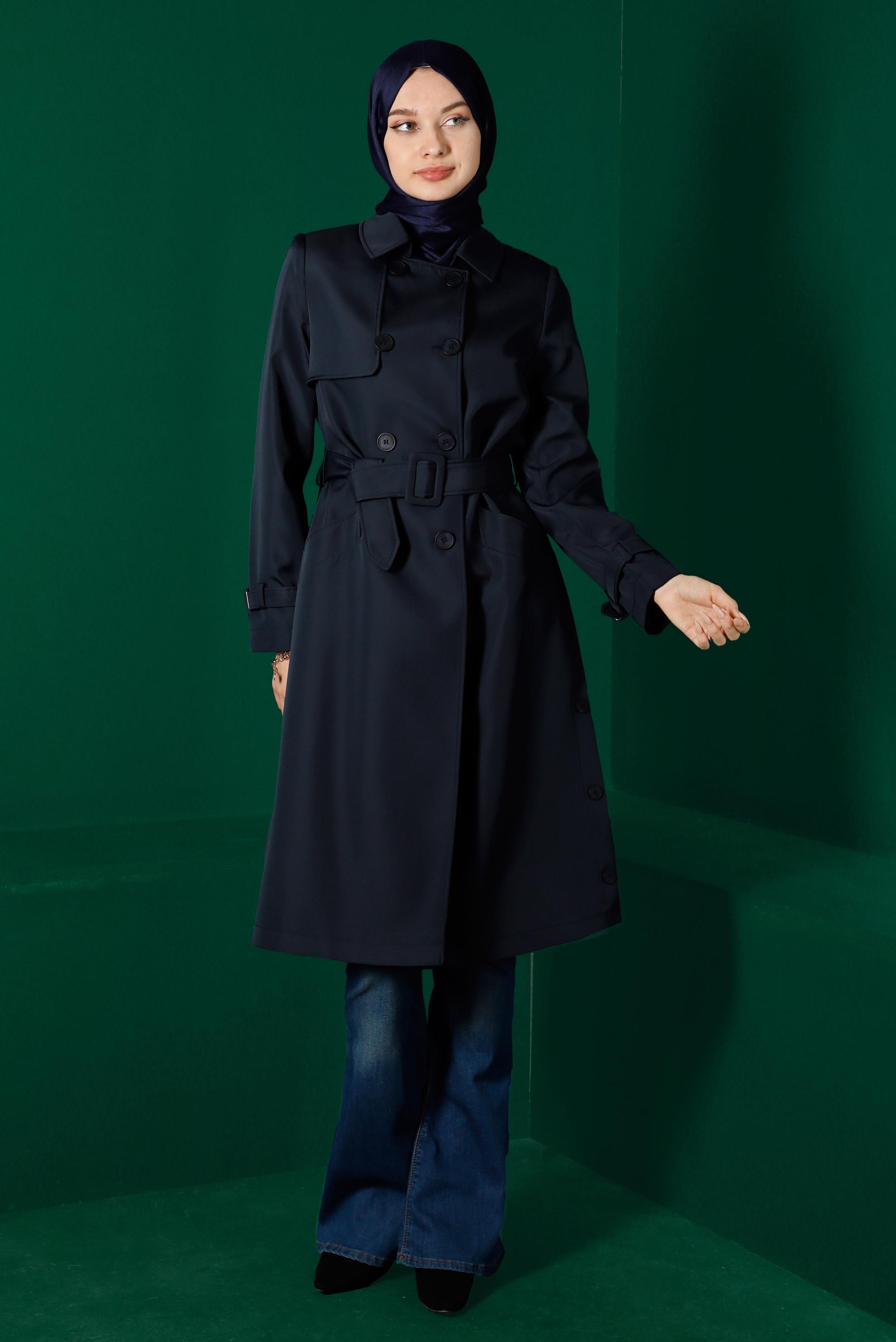 Tesettür giyim LACİVERT YANLARI DÜĞME DETAYLI KEMERLİ TRENÇKOT 10674 