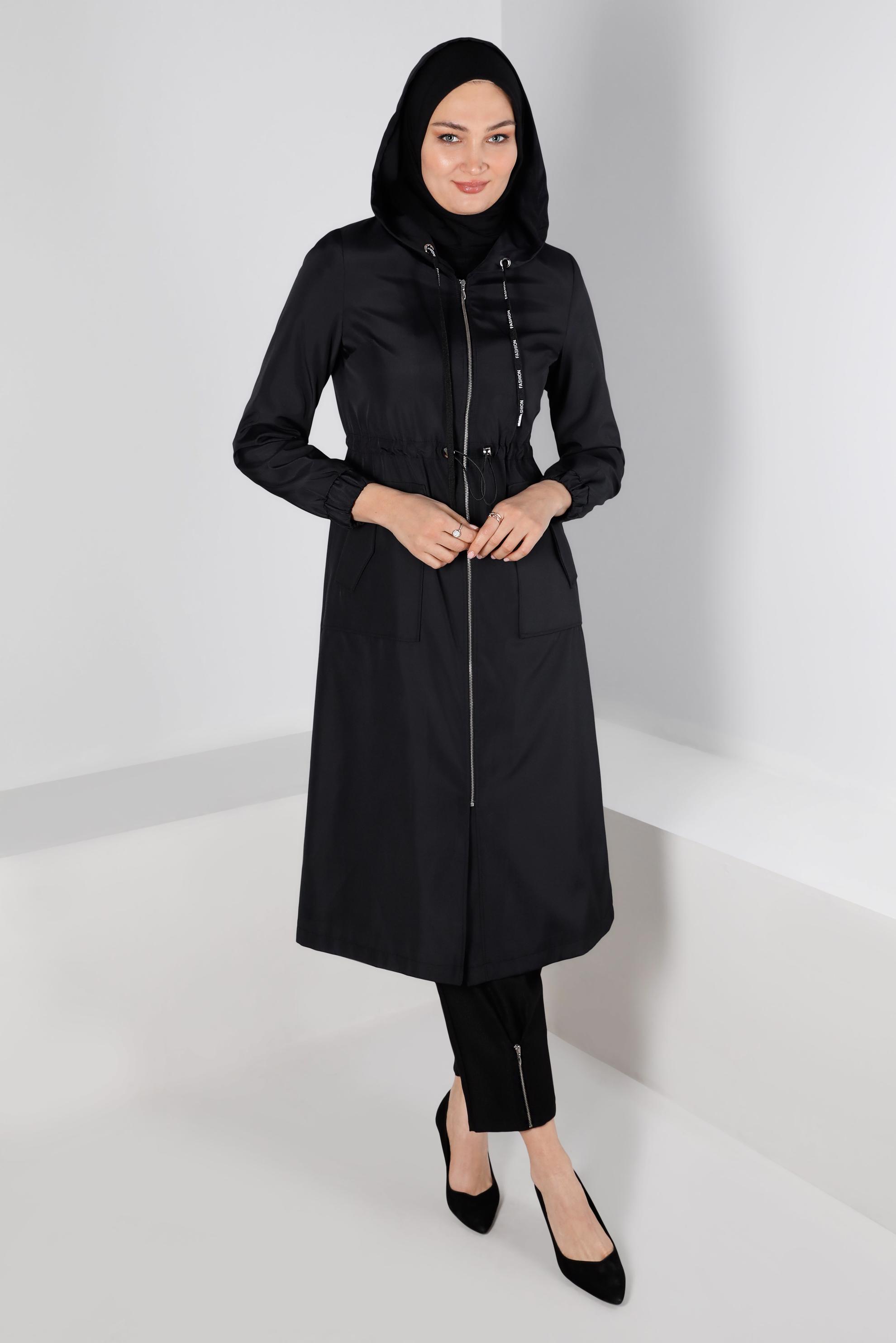 Tesettür giyim SİYAH BELİ BÜZGÜLÜ KAPÜŞONLU TRENÇKOT 10675