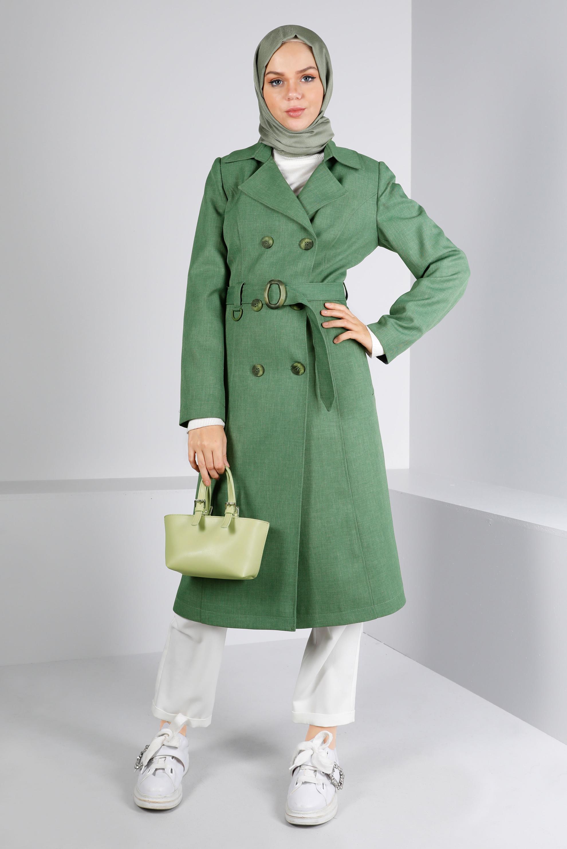 Tesettür giyim HAKİ KUŞAKLI DÜĞMELİ TRENÇKOT 10679 
