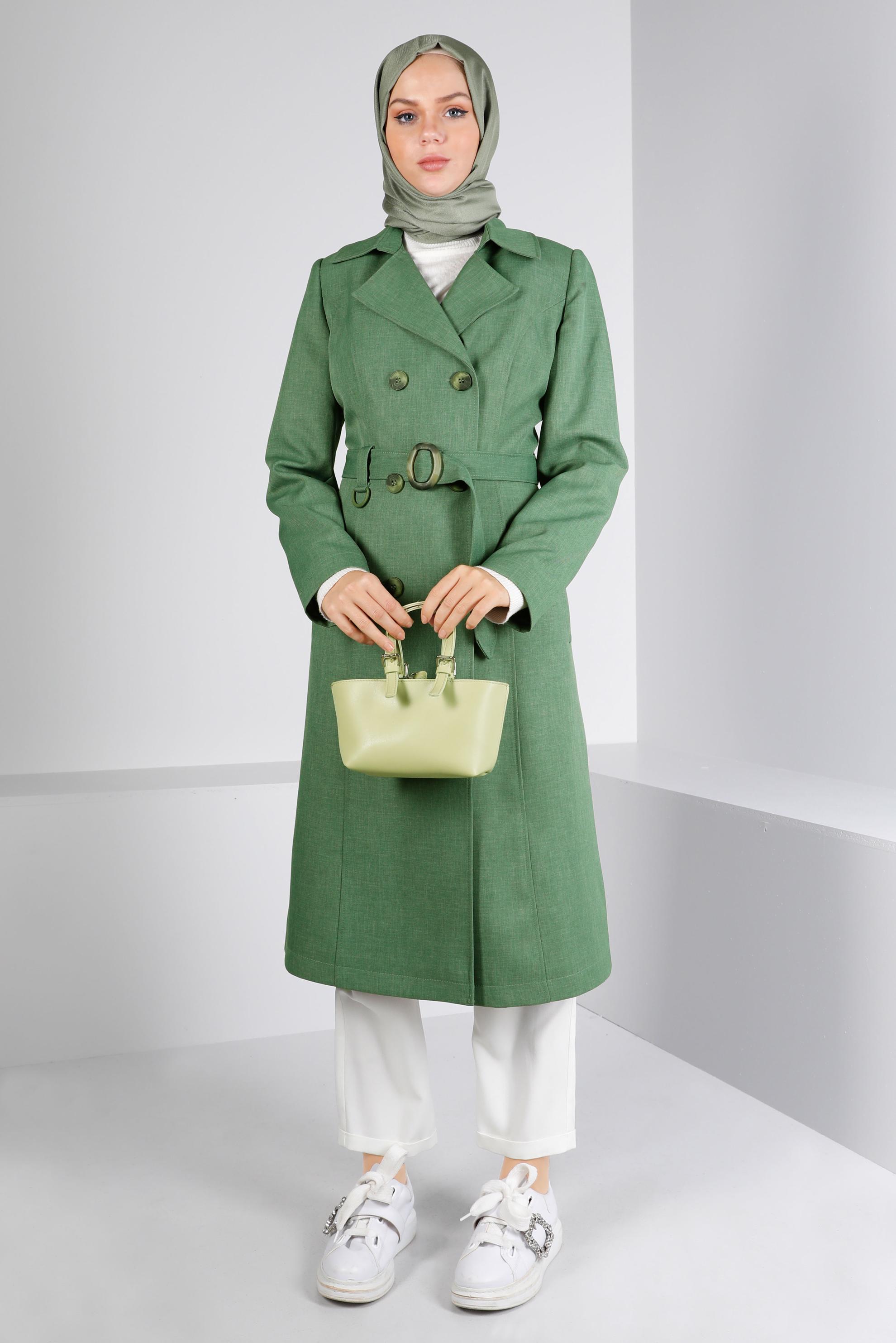 Tesettür giyim HAKİ KUŞAKLI DÜĞMELİ TRENÇKOT 10679 