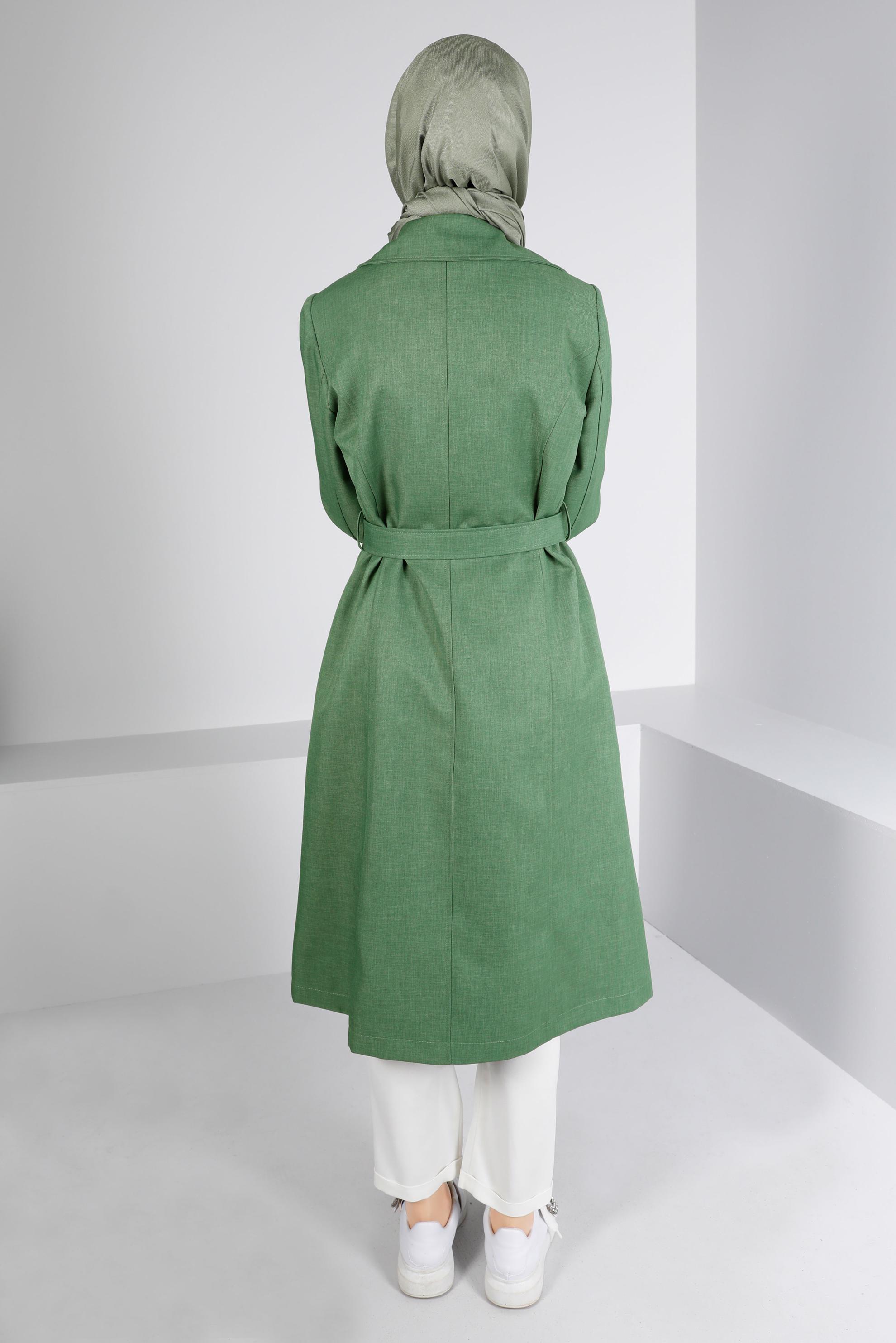 Tesettür giyim HAKİ KUŞAKLI DÜĞMELİ TRENÇKOT 10679 