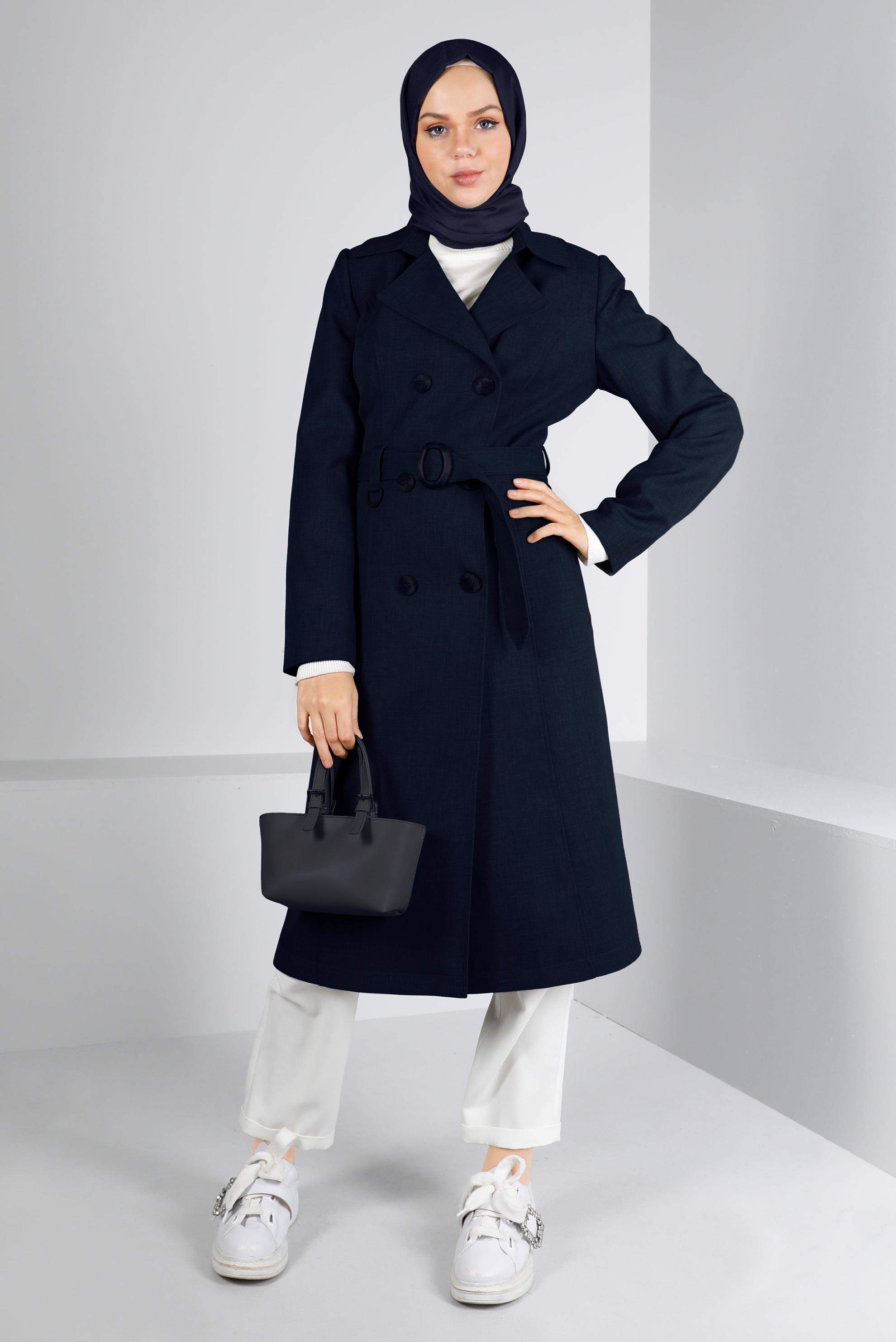 Tesettür giyim LACİVERT KUŞAKLI DÜĞMELİ TRENÇKOT 10679 