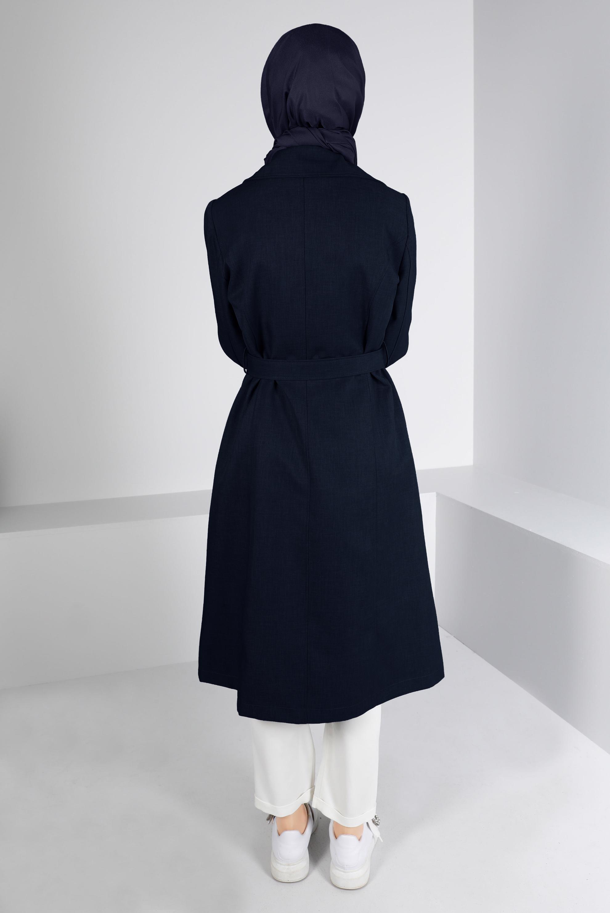 Tesettür giyim LACİVERT KUŞAKLI DÜĞMELİ TRENÇKOT 10679 