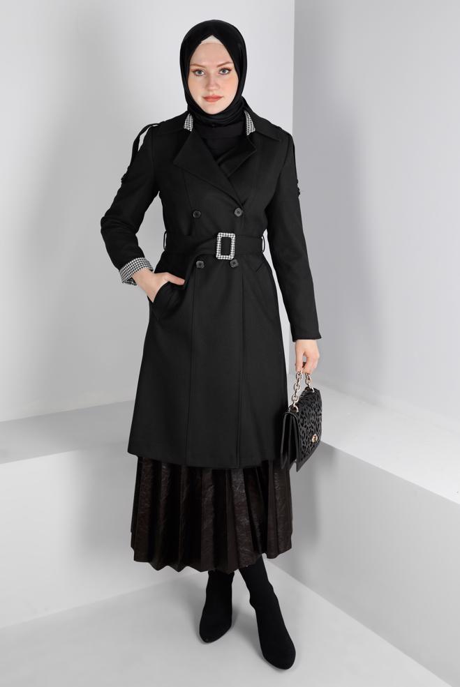 Tesettür giyim  KAZAYAĞI DESEN DETAYLI DÜĞMELİ TRENÇKOT 10680 - ALVİNA