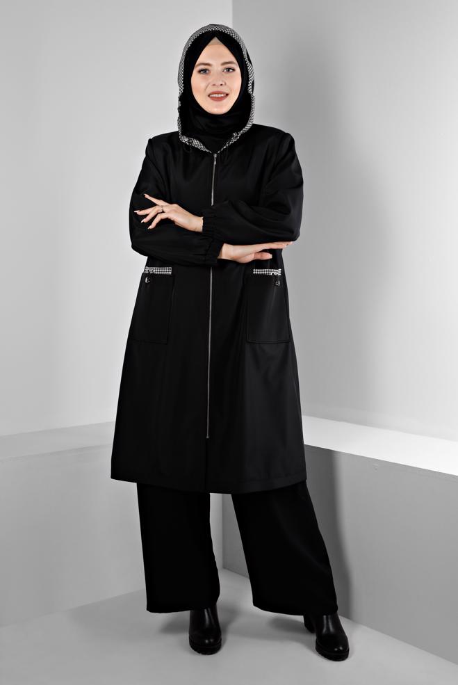 Hijab clothing BLACK SHOULDER PADDED TRENCH-COAT 10695 - ALVİNA