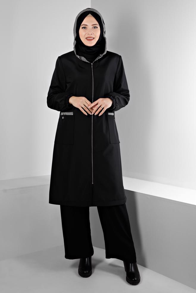 Hijab clothing BLACK SHOULDER PADDED TRENCH-COAT 10695 - ALVİNA