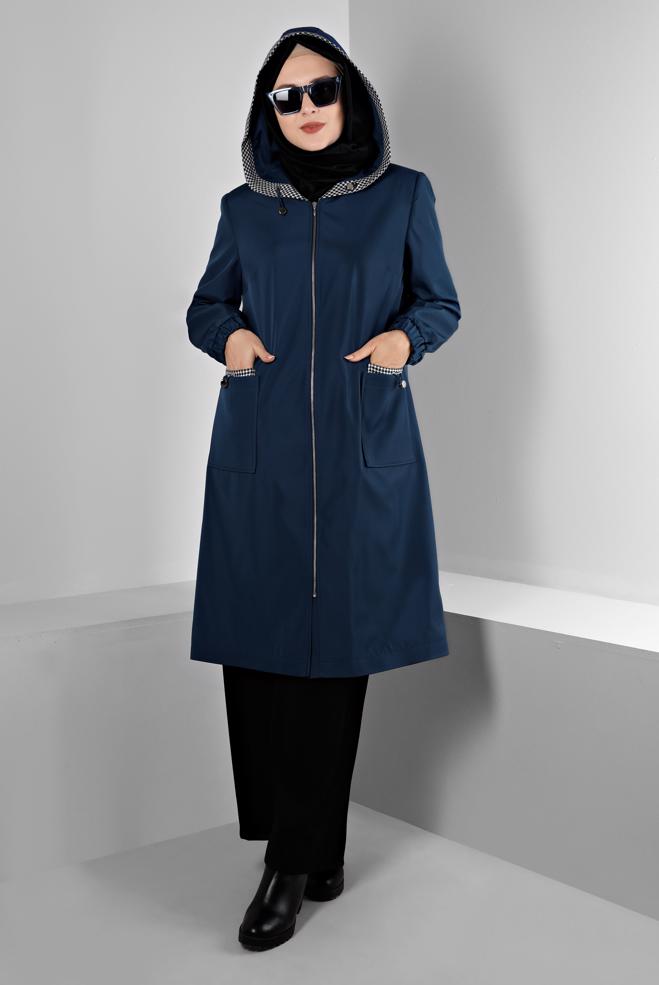 Hijab clothing NAVY BLUE SHOULDER PADDED TRENCH-COAT 10695 - ALVİNA