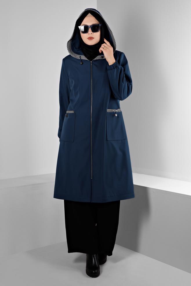 Hijab clothing NAVY BLUE SHOULDER PADDED TRENCH-COAT 10695 - ALVİNA