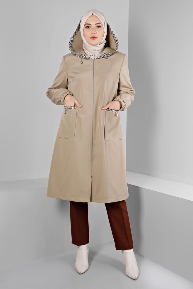 Hijab clothing BEIGE SHOULDER PADDED TRENCH-COAT 10695 - ALVİNA