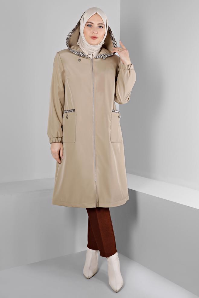 Hijab clothing BEIGE SHOULDER PADDED TRENCH-COAT 10695 - ALVİNA
