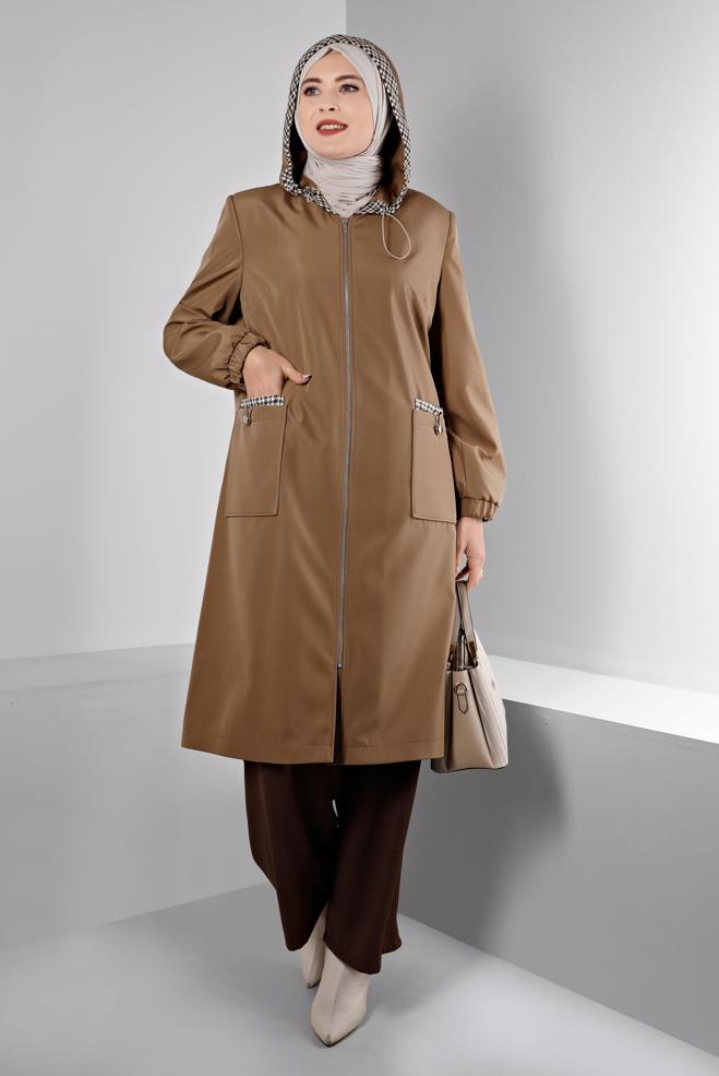 Hijab clothing MINK SHOULDER PADDED TRENCH-COAT 10695 - ALVİNA