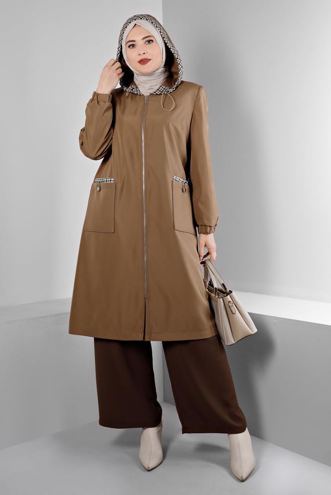 Hijab clothing MINK SHOULDER PADDED TRENCH-COAT 10695 - ALVİNA