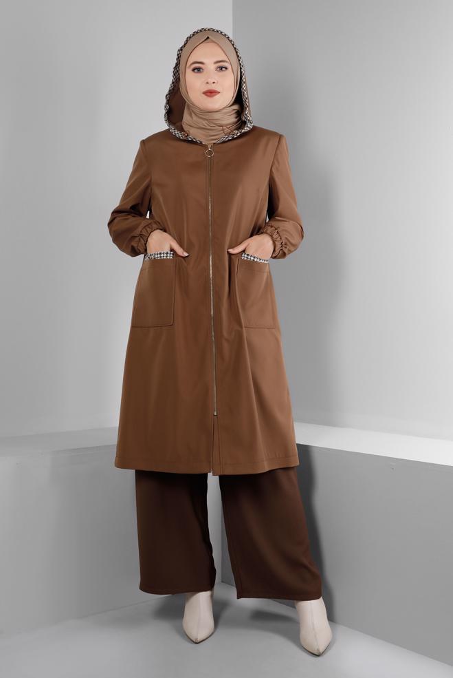 Hijab clothing BROWN SHOULDER PADDED TRENCH-COAT 10695 - ALVİNA