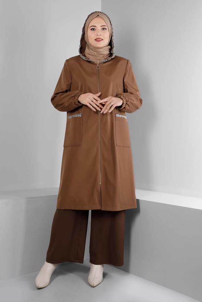 Hijab clothing BROWN SHOULDER PADDED TRENCH-COAT 10695 - ALVİNA