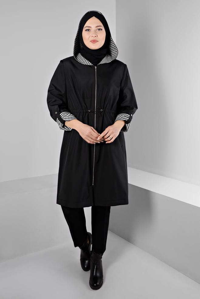 Hijab clothing BLACK SHOULDER PADDED TRENCH-COAT 10696 - ALVİNA