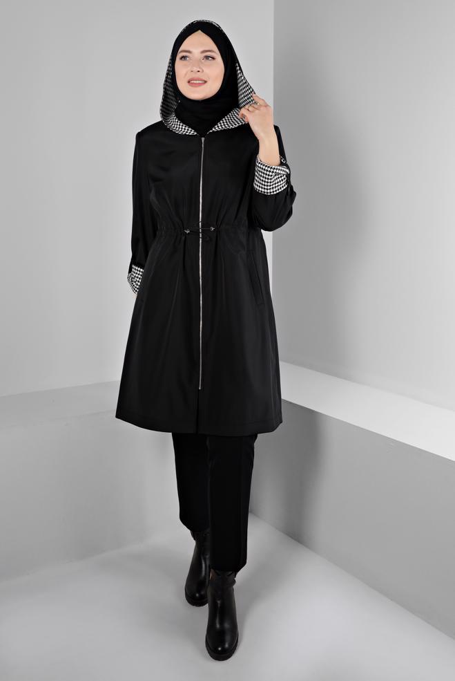 Hijab clothing BLACK SHOULDER PADDED TRENCH-COAT 10696 - ALVİNA