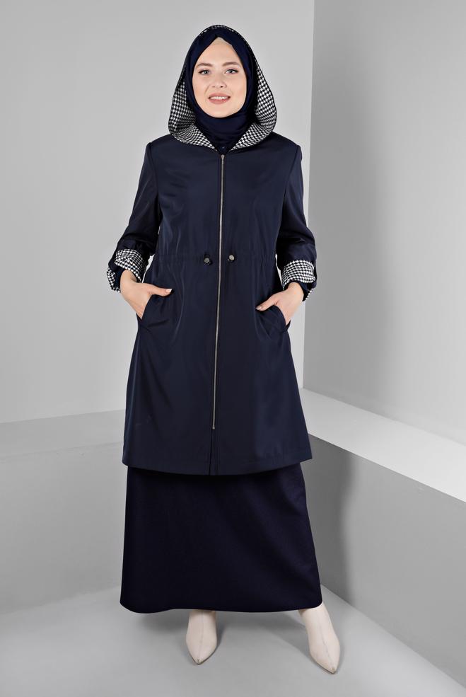 Hijab clothing NAVY BLUE SHOULDER PADDED TRENCH-COAT 10696 - ALVİNA