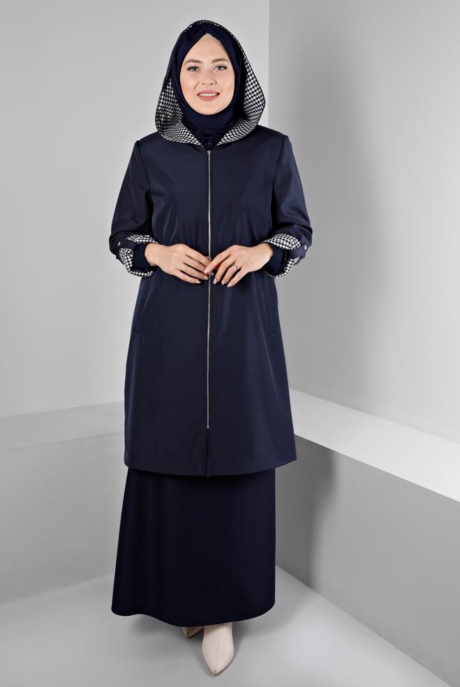 Hijab clothing NAVY BLUE SHOULDER PADDED TRENCH-COAT 10696 - ALVİNA