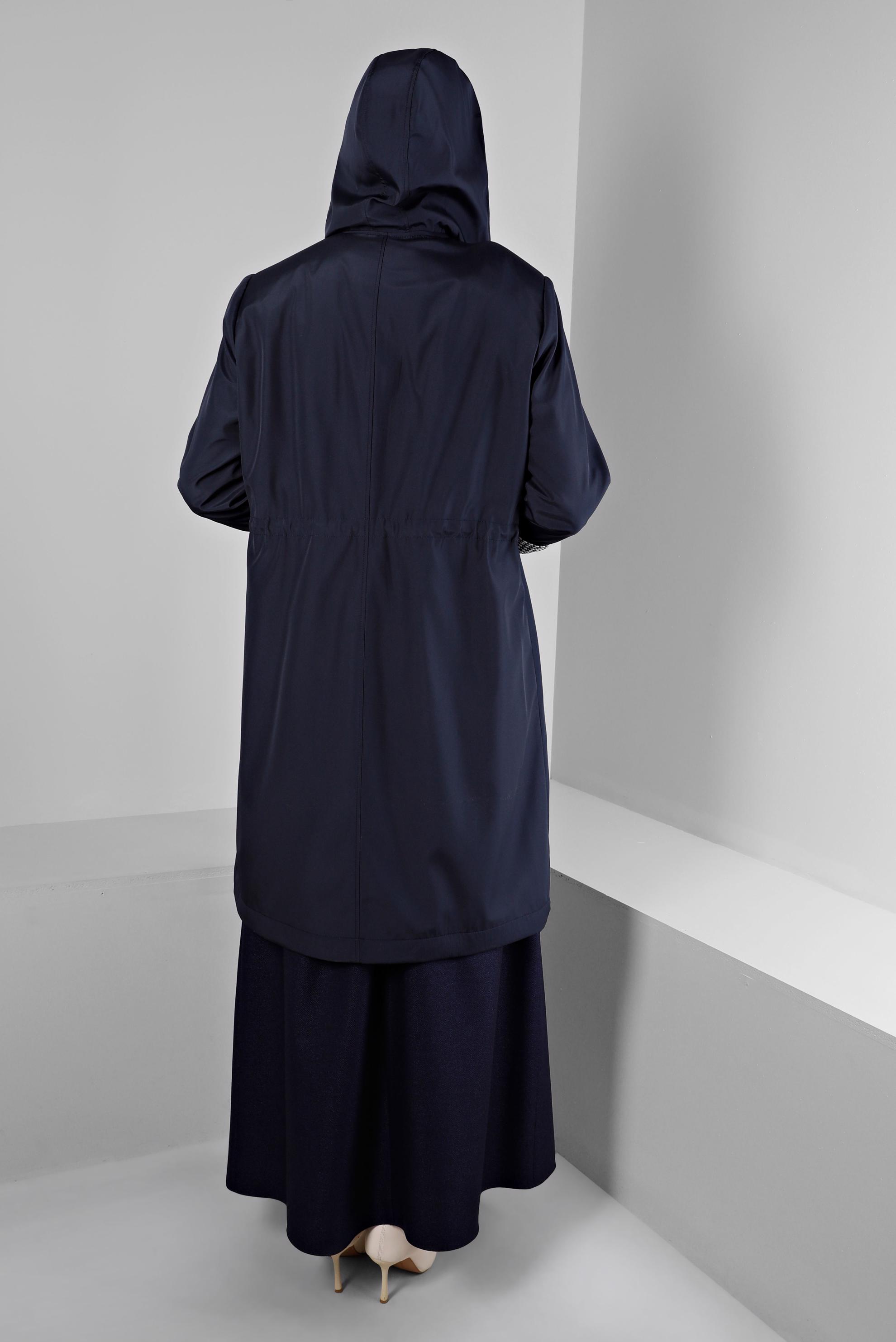 Tesettür giyim LACİVERT BÜYÜK BEDEN KAPÜŞONLU TRENÇKOT 10696